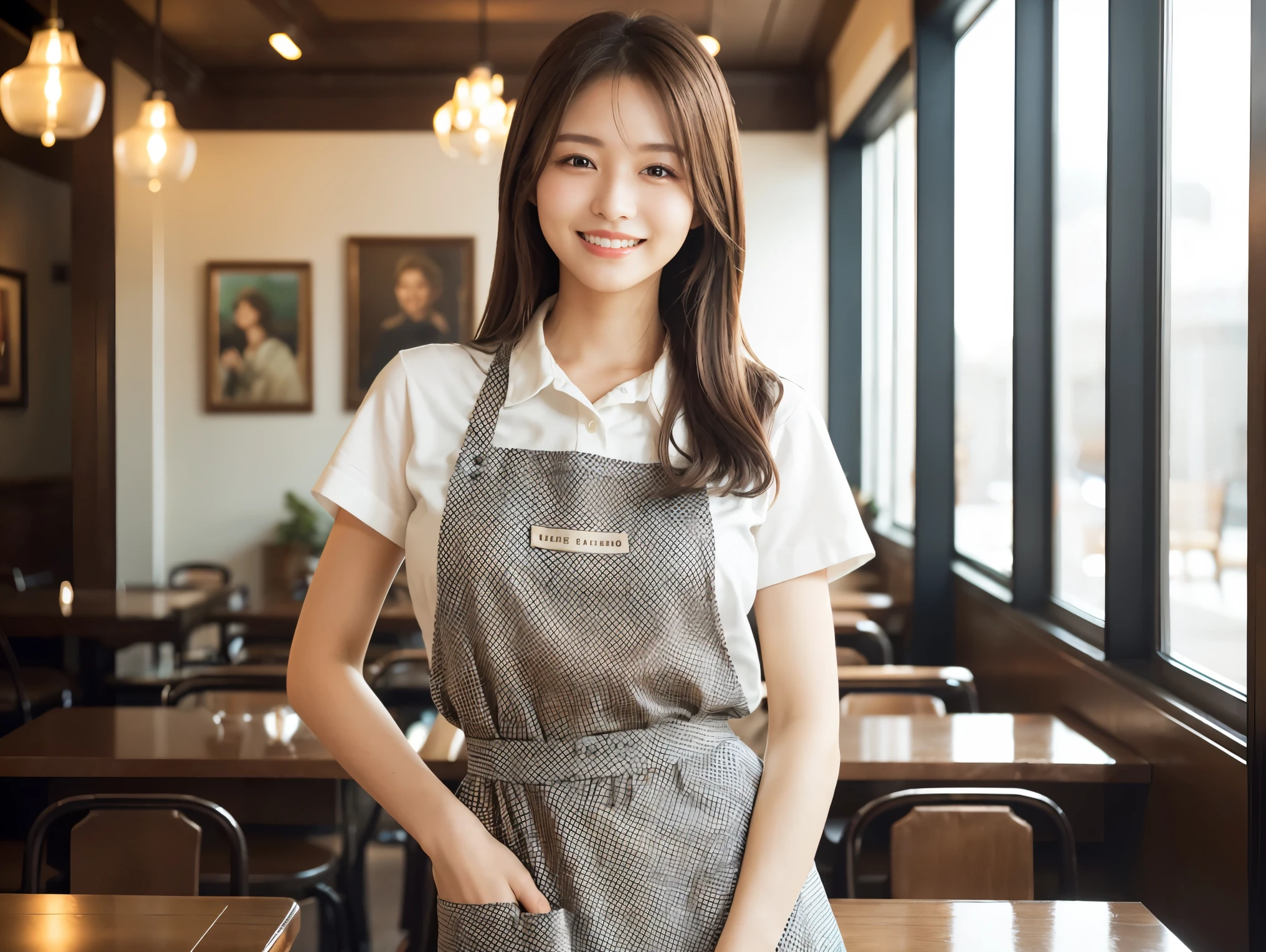 (highest quality、Tabletop、8k、Best image quality、Award-winning works)、Woman working in a café、(The perfect brown apron:1.2)、(Standing elegantly in a cafe:1.1)、(A classy shirt and apron:1.1)、(Big Breasts:1.1)、(Accentuate your body lines:1.1)、Beautiful woman portrait、The most elegant and cozy cafe、The most natural cafe, Perfectly organized、(The moodiest warm lighting:1.1)、Stylish and elegant cafe、Strongly blurred background、Look at me and smile、(Accurate anatomy:1.2)、Ultra high resolution perfect beautiful teeth、Ultra-high definition beauty face、Ultra HD Hair、Ultra HD The Shining Eyes、The Shining, Super high quality beautiful skin、Super high quality glossy lip