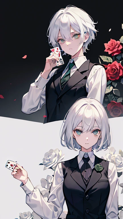 female white hair amber eyes short hair in the forest orginal school uniform Pose with movement green tie one person Black vest Decisive pose coat masterpiece Highest image quality noise removal clear parts cinematic shadow Increased attractiveness of the eyes clear parts the shine of the eyes Draw eyelashes neatly perfect eyes detailed eyes Sharpen image quality Sharpen eye writing clear parts eye shape, (((Playing Card Joker Poker Card) with rose motif at the center with a stylized ornament))