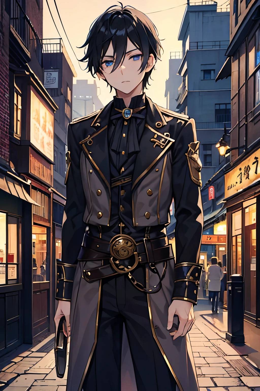 male　Black Hair　blue eyes　gaslight　city下町　city　In the city　Dim light　cool　steampunk　Ancient Capital　Old Town