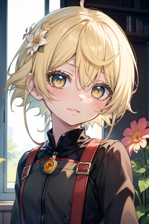 firefly、Good looking girl (blush, Perfect Face), independent , Looking at the camera, masterpiece, Anime art style, Cute Characters, Most detailed, high quality、Nico Nico Smile、There are highlights in the eyes、blonde、The whole body is visible、Lolita、Small breasts、Braided Short Hair、Flower decoration、Yellow Eyes