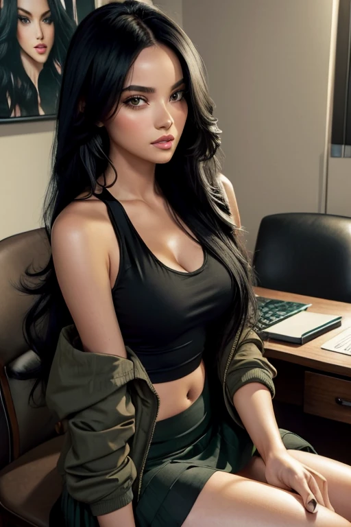 Sexy woman, long black luscious hair, seductive eyes, blushing, parted lips, black tank top, dark green jacket and skirt, sitting on desk, desperate, navel