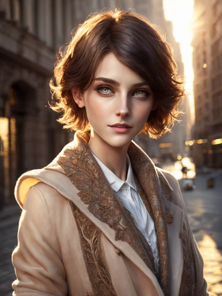 (masterpiece, best quality:1.3), cute woman with short hair, urban cityscape, morning, quiet and peaceful with soft morning light, playing of sun rays and shadows, fantasy, intricate, elegant, trending on artstation, concept art, soft focus, cinematic lighting, extremely detailed, Insanely detailed, rich colors, cinematic, detailed beautiful eyes and perfect face, depth of field, bokeh, 16k best quality