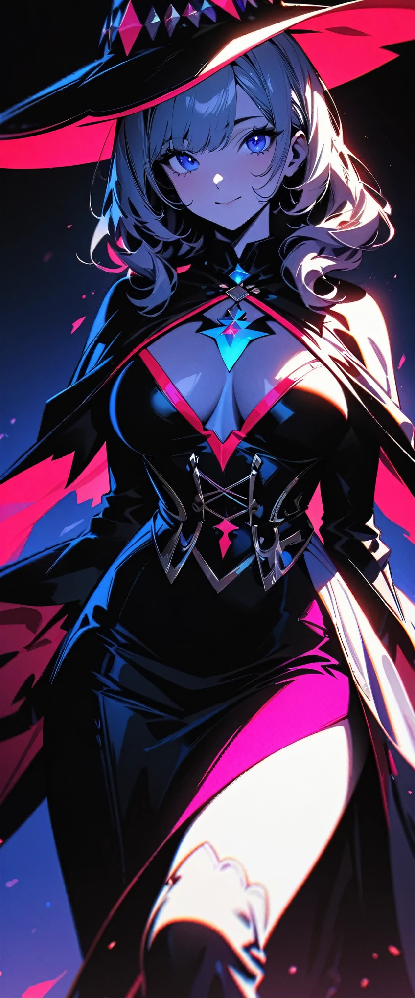(highest quality:1.2, Very detailed, Latest, Vibrant, Ultra-high resolution, High Contrast, masterpiece:1.2, highest quality, Best aesthetics), (((1 girl))), Sexy witch, Mature woman's body, Seductive body lines, Narrow waist, Witch Robe, Witch Hat, An elegant robe with a red and black design., Skirt with slit, A dress with fine lace, gem, detailed ornaments, Purple Tent, Decorated purple flowers, Dark color palette, Insufficient lighting, Witch-made potion, Magic circle and tapestry hanging on the wall,