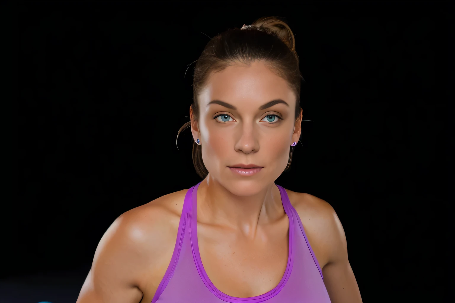 Light brunette woman in a purple tank top and blue shorts in front of a black curtain, arms to the side, arms behind her back, left arm and back lowered, insect forearms bent, side pose, shoulders hunched, muscles swollen, shoulder exposed by back, photo taken from behind, toned arms, 3/4 side view, flexing big muscles, making sassy pose, 40 year old woman, full body sarcastic pose, photo shoot, lewd pose. Shapely woman in purple top and blue shorts posing for a photo, arms to the side, half-length photo, tight photo, half-length photo, half-length photo, violet tight top, half-body close-up, portrait photo of full body, full body and headshot, full body photography, centered full body photo, 40 year old woman, 4k, portrait photo, light violet tank top, profile photo, sweaty face, 3/4 solo portrait, photo suitable, black background. She is wearing a vibrant pink-purple sports tank top and mixed shorts (((blue-gray-green-black))), suggesting an active lifestyle or athletic attire for working out. Sharp photo, high quality, high resolution (ultra quality masterpiece), Ultra HD, high contrast, 16K. Masterpiece: 1.3, high resolution, (photographically realistic), NUDE, NUDITY, NFSW.