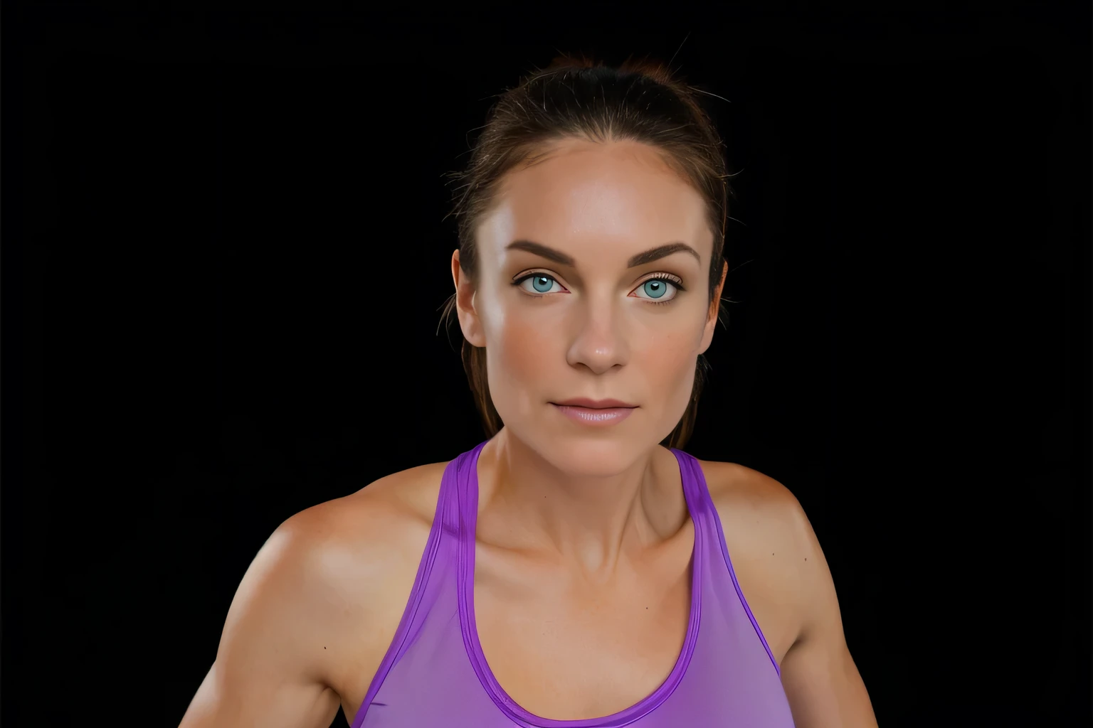 Light brunette woman in a purple tank top and blue shorts in front of a black curtain, arms to the side, arms behind her back, left arm and back lowered, insect forearms bent, side pose, shoulders hunched, muscles swollen, shoulder exposed by back, photo taken from behind, toned arms, 3/4 side view, flexing big muscles, making sassy pose, 40 year old woman, full body sarcastic pose, photo shoot, lewd pose. Shapely woman in purple top and blue shorts posing for a photo, arms to the side, half-length photo, tight photo, half-length photo, half-length photo, violet tight top, half-body close-up, portrait photo of full body, full body and headshot, full body photography, centered full body photo, 40 year old woman, 4k, portrait photo, light violet tank top, profile photo, sweaty face, 3/4 solo portrait, photo suitable, black background. She is wearing a vibrant pink-purple sports tank top and mixed shorts (((blue-gray-green-black))), suggesting an active lifestyle or athletic attire for working out. Sharp photo, high quality, high resolution (ultra quality masterpiece), Ultra HD, high contrast, 16K. Masterpiece: 1.3, high resolution, (photographically realistic), NUDE, NUDITY, NFSW.
