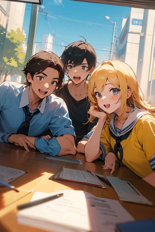 3 amigos, (dos hombres y una mujer), having a good time at school