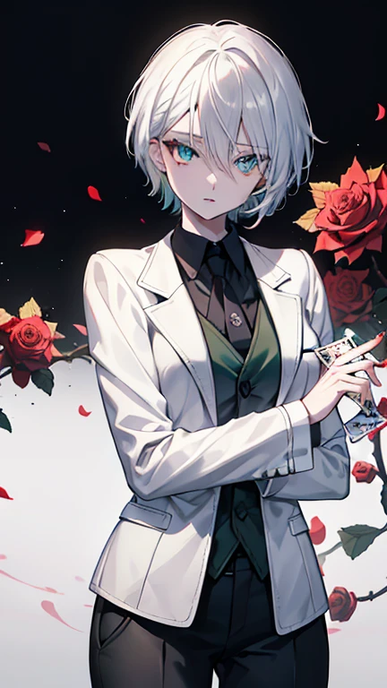 female　white hair　amber eyes　short hair　in the forest　orginal school uniform　Pose with movement  green tie　one person　Black vest　Decisive pose　coat　masterpiece　Highest image quality　noise removal　clear parts 　cinematic shadow　Increased attractiveness of the eyes　clear parts the shine of the eyes　Draw eyelashes neatly　perfect eyes　detailed eyes　Sharpen image quality　Sharpen eye writing　clear parts eye shape, (((Playing Card Joker Poker Card) with rose motif at the center with a stylized ornament))