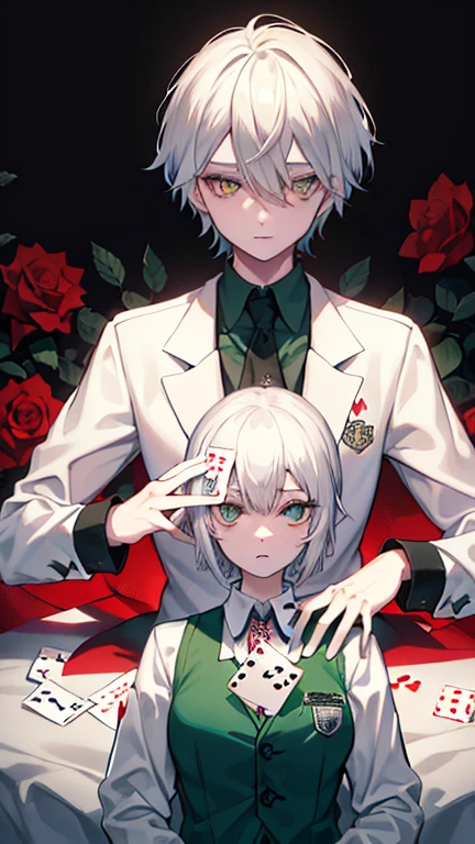 female white hair amber eyes short hair in the forest orginal school uniform Pose with movement green tie one person Black vest Decisive pose coat masterpiece Highest image quality noise removal clear parts cinematic shadow Increased attractiveness of the eyes clear parts the shine of the eyes Draw eyelashes neatly perfect eyes detailed eyes Sharpen image quality Sharpen eye writing clear parts eye shape, (((Playing Card Joker Poker Card) with rose motif at the center with a stylized ornament))