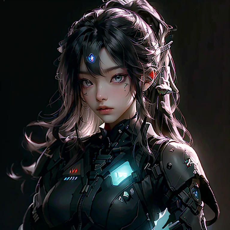 Girl beautiful hair whit e black, soldier futuristic Nijiexpressive_VI, detailed neon dark Whitney, cinza, light from dark fantasy