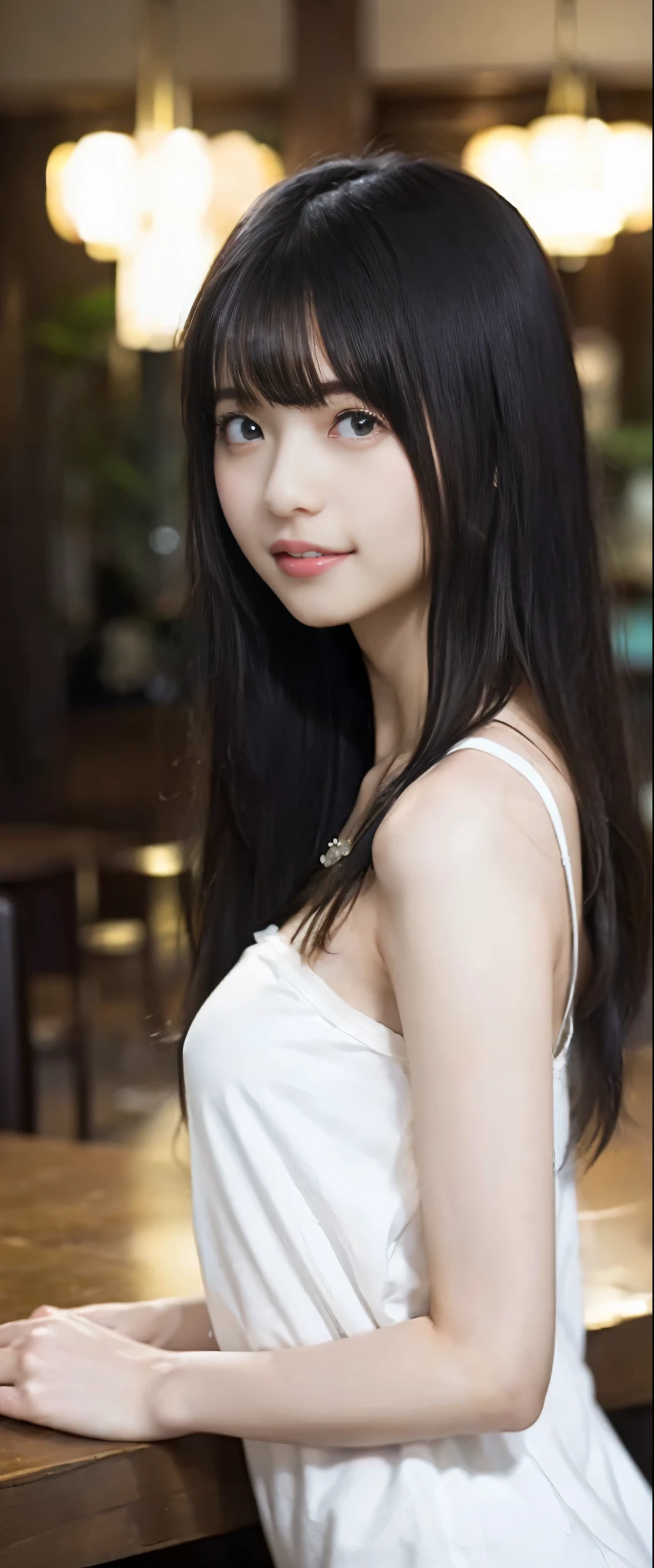 ((Perfect description:1.3)、(Complete Hand:1.3)、(Face it head on)、Realistic、RAW Photos、Tabletop、highest quality、High resolution、Delicate and beautiful、A perfect smile、Beautiful details、Fair skin、Real Humans、((Thin legs))、(Black Hair):1.2), 8k, 11 year old girl standing half-length, 85mm,公式AR RAW Photos, Super slim slender beautiful girl、Plain white camisole、Lower body nude、Expose the lower body、