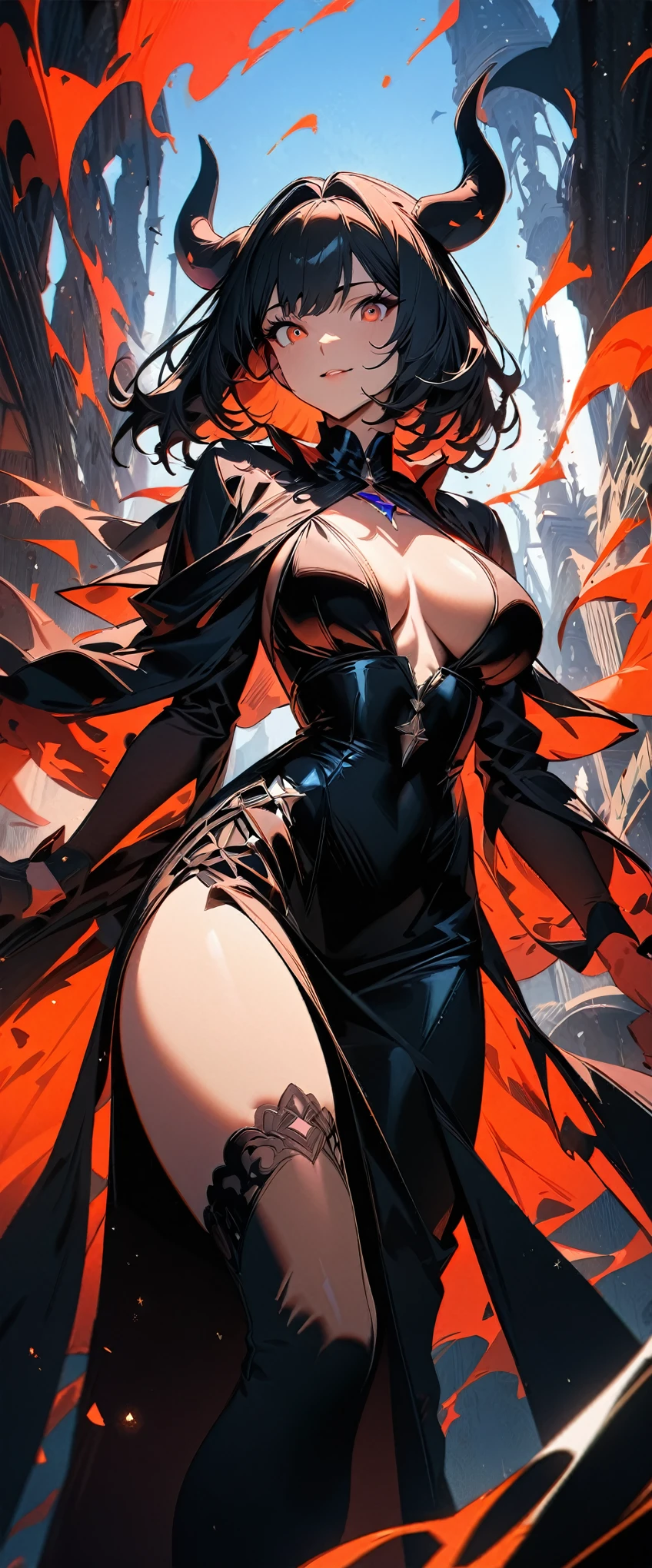 (highest quality:1.2, Very detailed, Latest, Vibrant, Ultra-high resolution, High Contrast, masterpiece:1.2, highest quality, Best aesthetics), (((1 girl))), Sexy witch, Mature woman's body, Seductive body lines, Narrow waist, Witch Robe, Witch Hat, An elegant robe with a red and black design., Skirt with slit, A dress with fine lace, gem, detailed ornaments, Purple Tent, Decorated purple flowers, Dark color palette, Insufficient lighting, Witch-made potion, Magic circle and tapestry hanging on the wall,