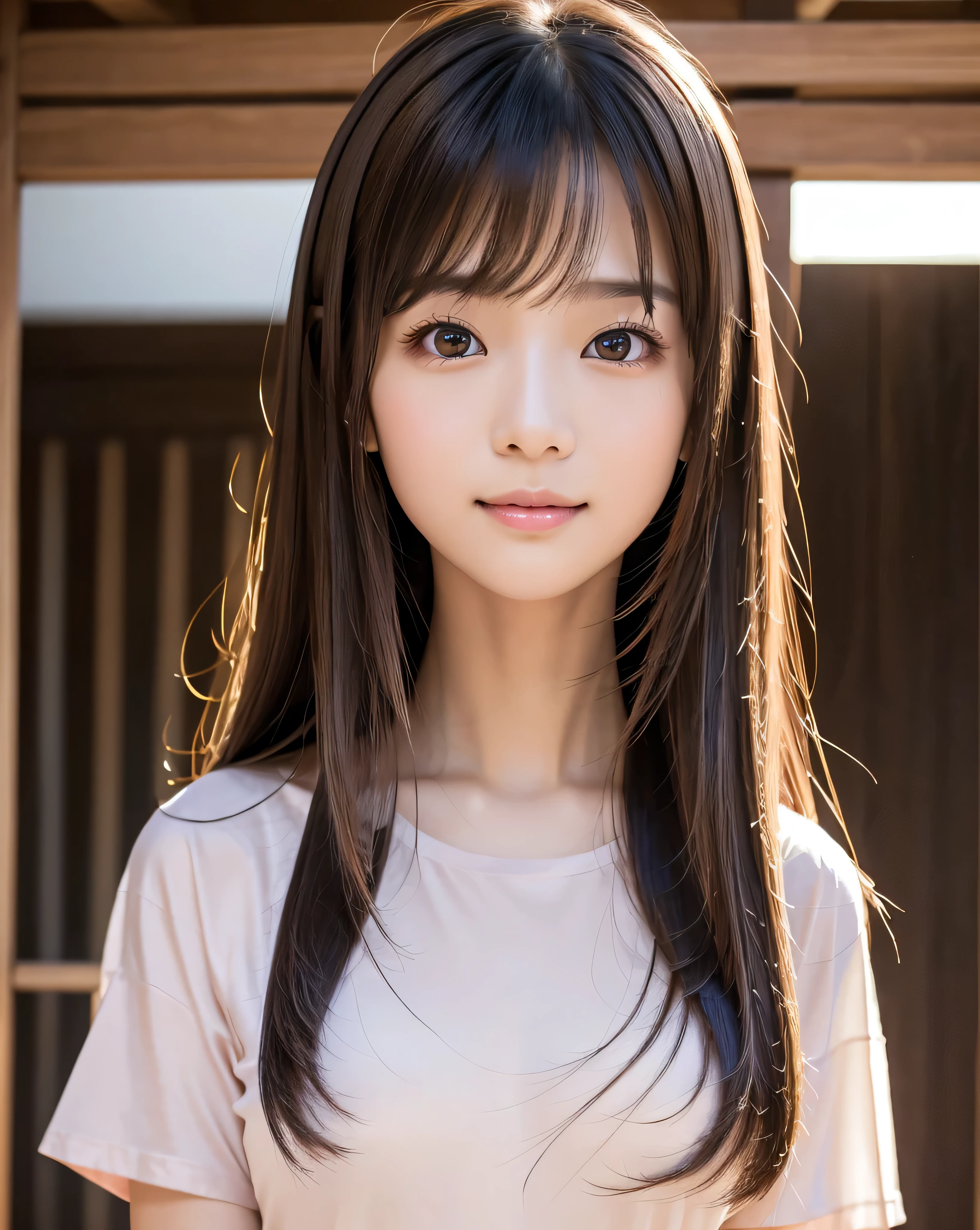 (highest quality, 32k, High resolution, Masterpiece:1.5, ), god々A photograph with brilliant dazzling and healing power., ((Japanese school classroom)), Evoking a sense of calm and elusive beauty, Expressing emotions, Have a rich imagination, Cute Japanese Girls, An exceptionally beautiful face, Perfect Human Anatomy, Magical big eyes, fleeting smile, Motherhood and generosity, ((Shiny brown super long straight silk hair)), Asymmetrical bangs are beautiful, Hair between the eyes, Transparent and soft skin, Neat, thin eyebrows, Natural double eyelids, Natural Makeup, Cheek highlighter, Pale pink detailed lips, ((Black T-shirt:1.3)),Slender body with ample breasts, High resolutionの美しい太もも, Street, Professional Lighting, Professional Photographer, Professional Model,God's Secret