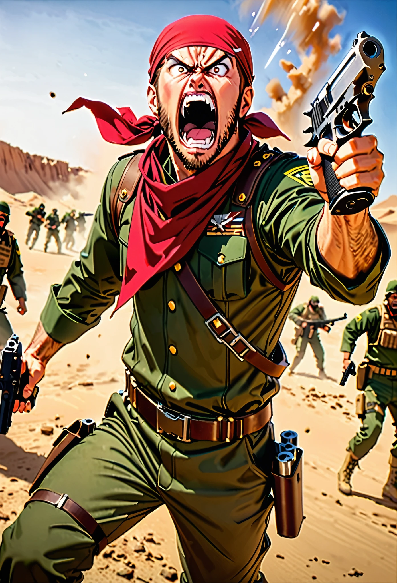 masterpiece, best quality, 1man, male focus, solo, solo focus, mercenary, brown hair, hazel eyes, facial hair, bullet belt, green uniform, combat boots, (red bandana, bandana), (using pistol, desert eagle pistol) (angry, screaming, open mouth), war zone