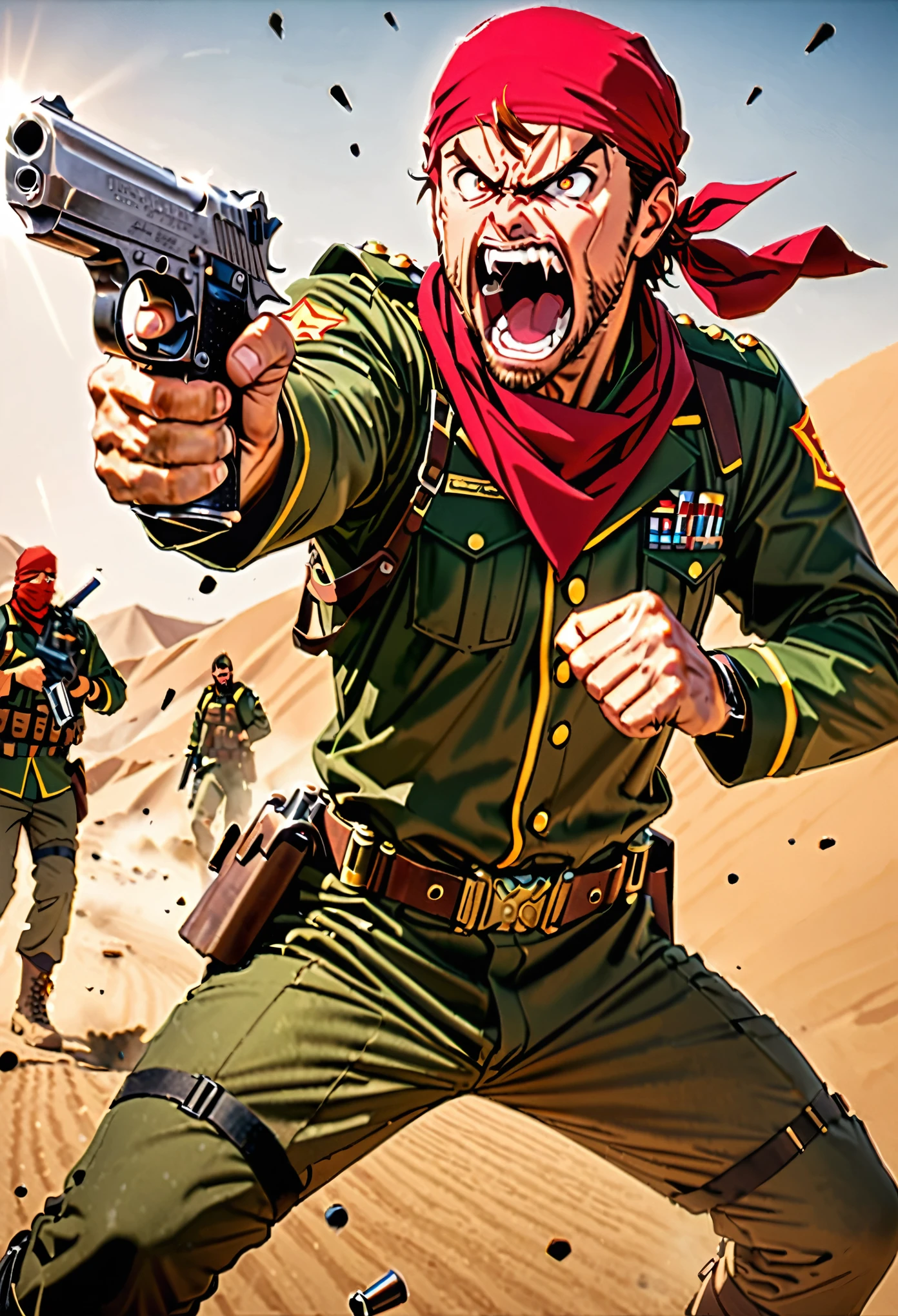 masterpiece, best quality, 1man, male focus, solo, solo focus, mercenary, brown hair, hazel eyes, facial hair, bullet belt, green uniform, combat boots, (red bandana, bandana), (using pistol, desert eagle pistol) (angry, screaming, open mouth), war zone