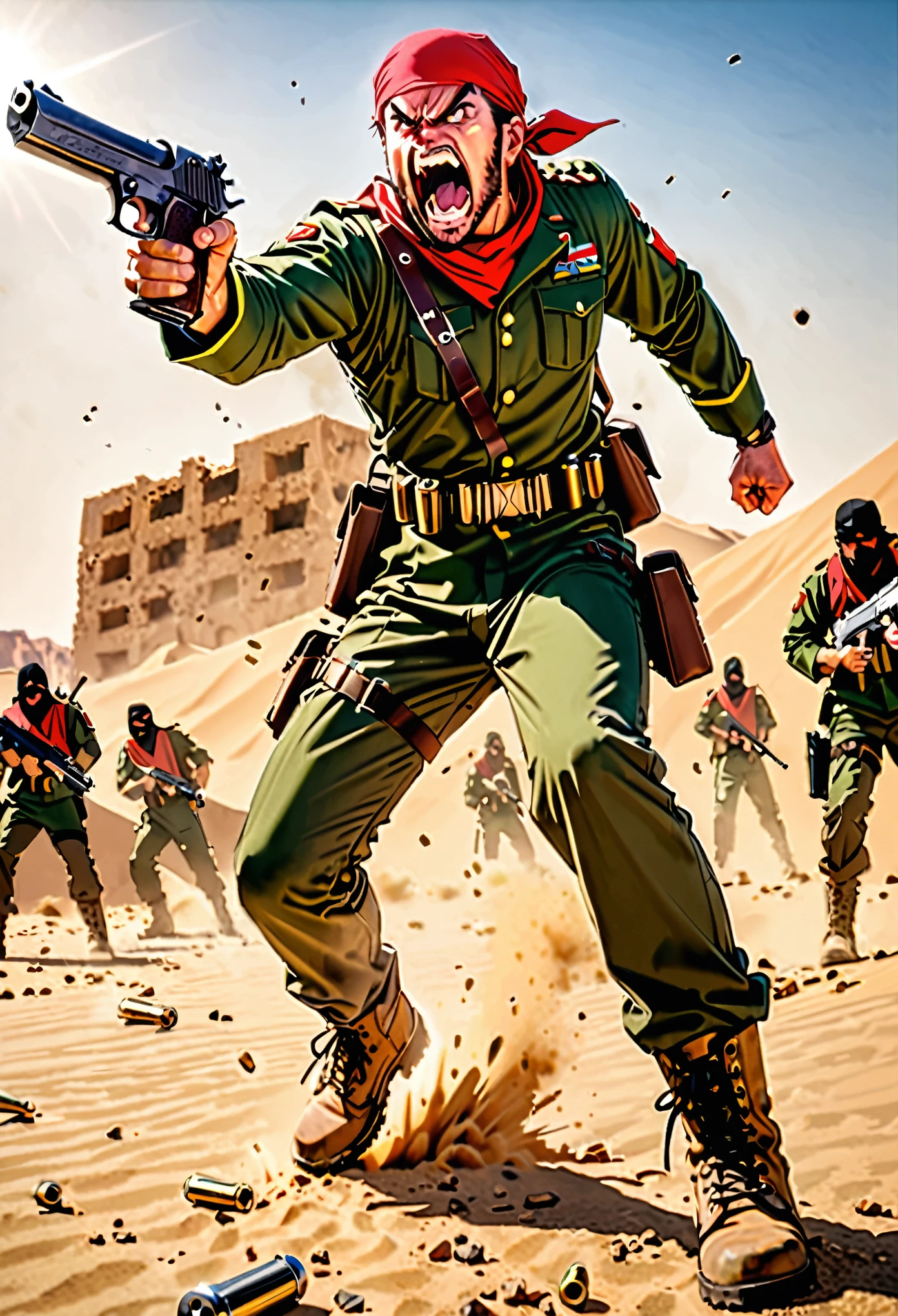 masterpiece, best quality, 1man, male focus, solo, solo focus, mercenary, brown hair, hazel eyes, facial hair, bullet belt, green uniform, combat boots, (red bandana, bandana), (using pistol, desert eagle pistol) (angry, screaming, open mouth), war zone