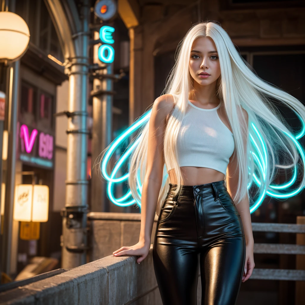 portrait, young real beautiful girl with long white hair,luminous threads are woven into her hair,her wide leather pants shine with neon light,she&#39;s like a fairy , enchantress,she is standing on the marble stairs,magical rose flowers are planted along the edges of the stairs,the staircase is illuminated with lanterns,atmospheric lighting is in the air,The sun is shining brightly,Sky is blue,high 32k.quality 8k,High texture detail,in good focus,