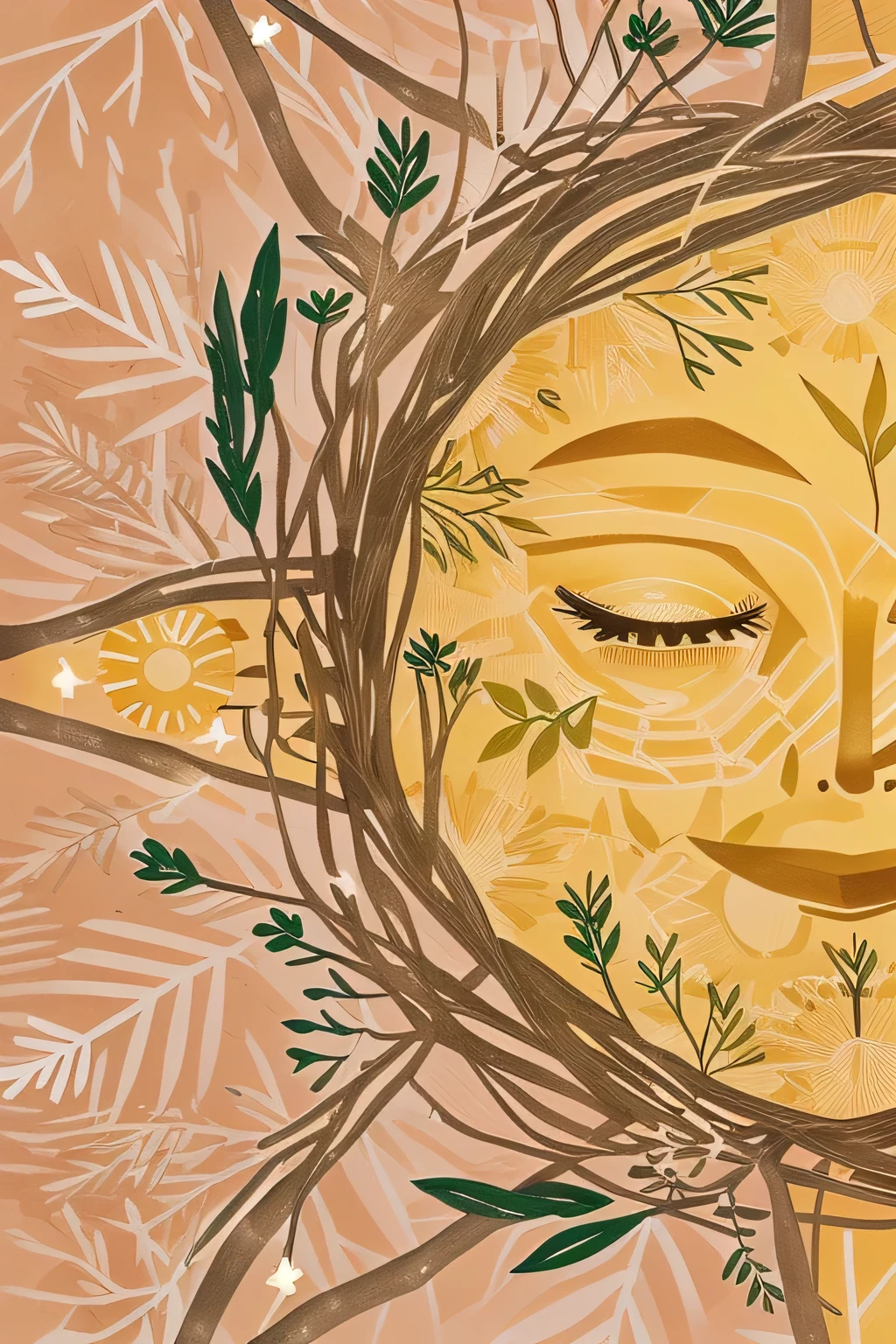 illustration of a sun with a face made of branches and leaves, sunbathing. illustration, illustration!, the girl and the sun, illustration”, sunset illustration, dreamy illustration, illutstration, #illustration, an illustration, illustration | rutkowski, illustration », by Amédée Ozenfant, poster illustration, illustration art, mixed media style illustration