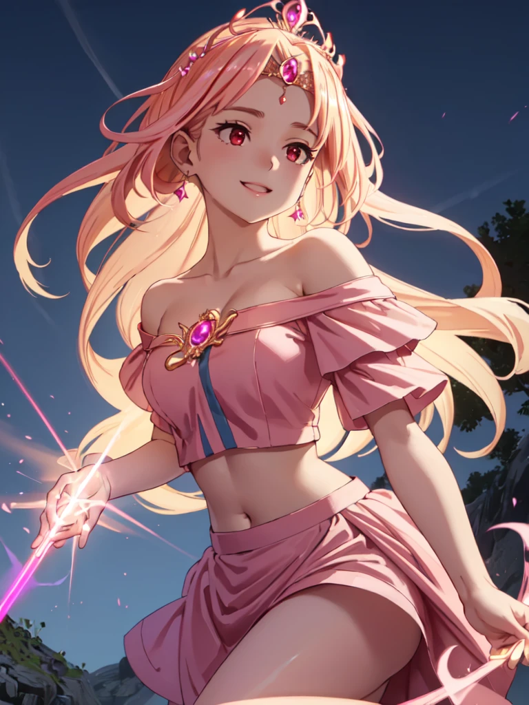 masterpiece, best quality, ultra detailed, highres, extremely detailed CG unity 8k wallpaper, perfect lighting, very detailed background, Outdoor、beautiful and aesthetic,sharp focus, perfect face, Perfect hands、Perfect Fingers、Perfect toes、Five fingers、
1lady、 smiling、
Short blonde, large red eyes、delicate oval face、(large breasts)、Looking up at the viewer、
(pink maid outfit:1.1)、(off shoulder:1.3)、(midriff peek:1.5)、
(Wizard holding glowing wand:1.5)、(Glowing Tiara:1.5)
Ambient light、Volumetric Light、shoot from side、(Glowing Skin:1.8)