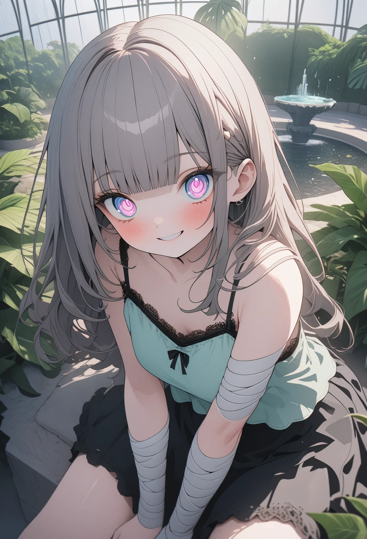 ((Masterpiece)), ((best quality)), (Anime:1.3), palace giant greenhouse, gardens, fountains, tropical plants, cute teenage girl, (textured skin), smile, beautiful camisole, ultra-detailed, (loose blunt bangs), Massively bandaged arms, kawaii, cute colors, (cute sitting on the plants), ❤️🖤💗💔, 8K, (unusual pupils), (magic eyes)