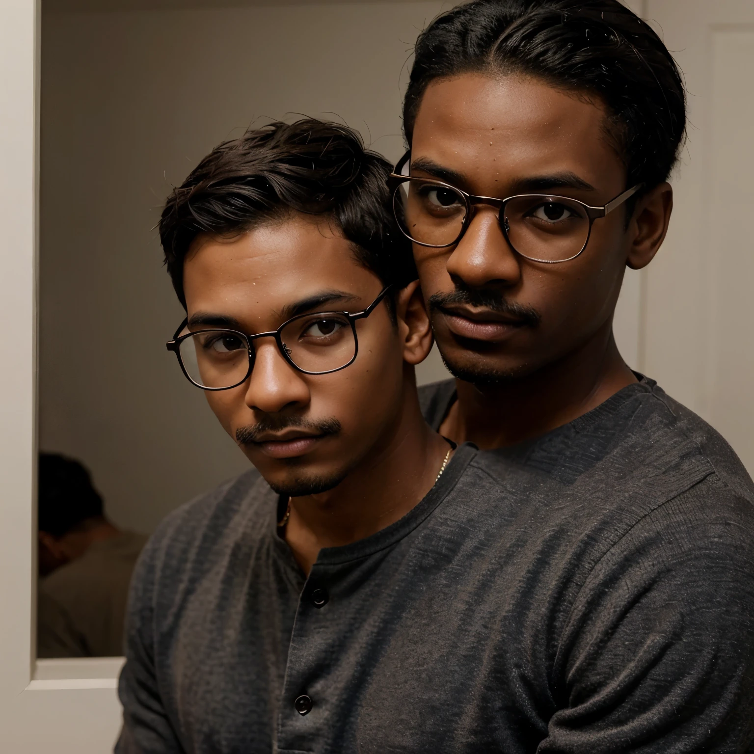 An image 1242x2688 of a realistic dark-skinned boy with short very hair and small mustache with glasses