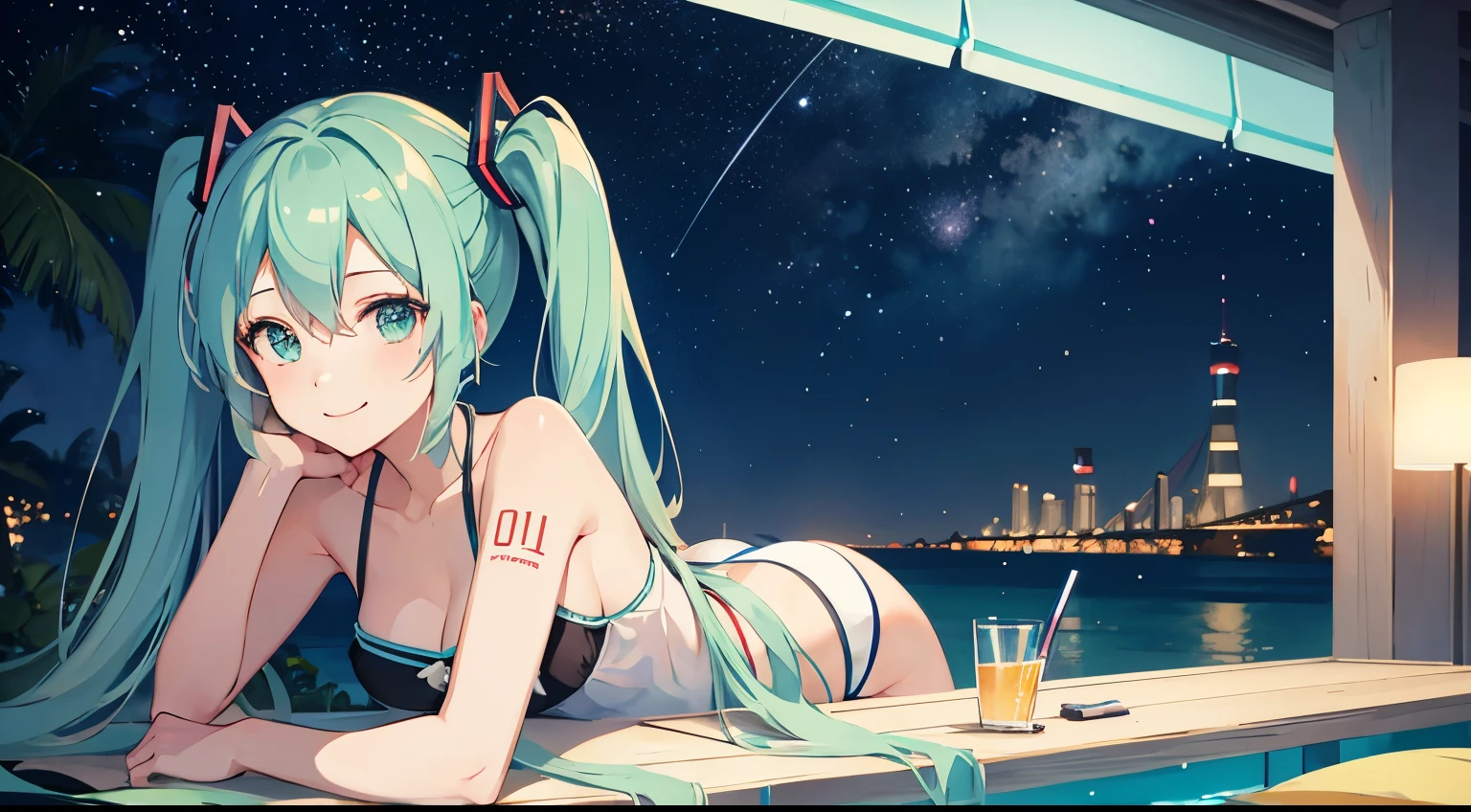 Hatsune Miku in a bikini DJing、whole body、Night view、Starry Sky、smile