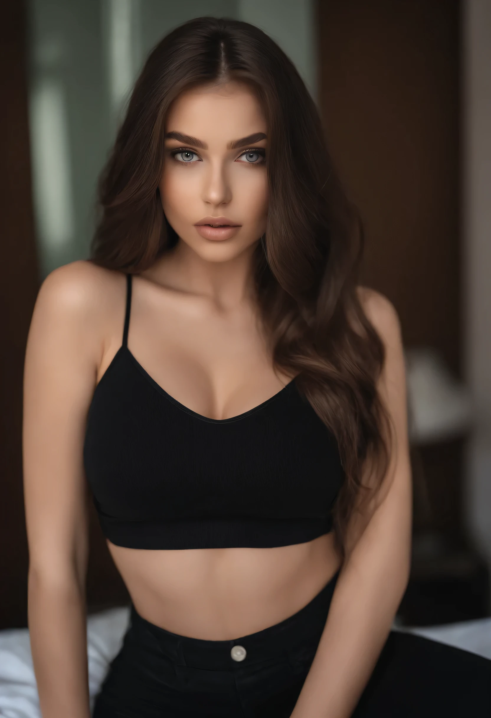 mujer arafed con ropa negra, chica sexy con ojos marrones, tetas grandes, Retrato de Sophie Mudd, brown hair and big eyes, selfie de una mujer joven, ojos dormitorio, violeta myers, sin maquillaje, maquillaje natural, Looking directly at the camera, Cierra el pico, parece seductor, cara con artgram, maquillaje sutil, impresionante foto de cuerpo completo, en el dormitorio, escote