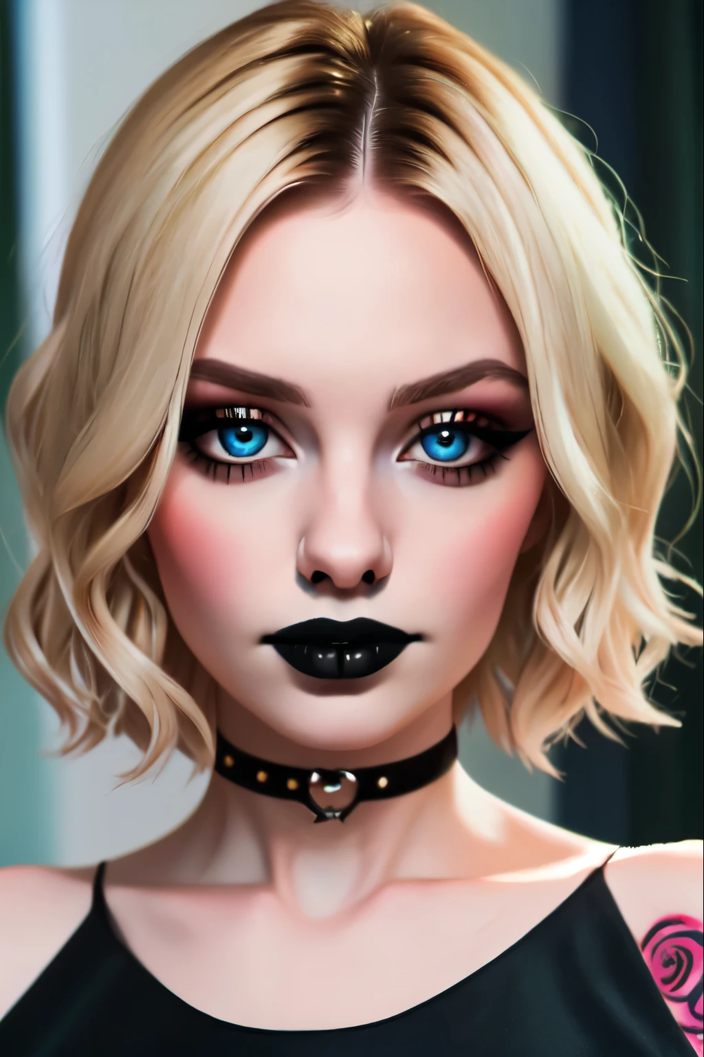 (Best Quality, 8k, Masterpiece, UHD), (Photo of Attractive Caucasian Gothic model Woman with tattoos), solo 1Girl as short hair platinum blonde, heavy makeup ,  cape, choker,very pale skin,Ultra Detailed Face, Detailed Lips, Fine Eyes, black lipstick, Fine Eyes