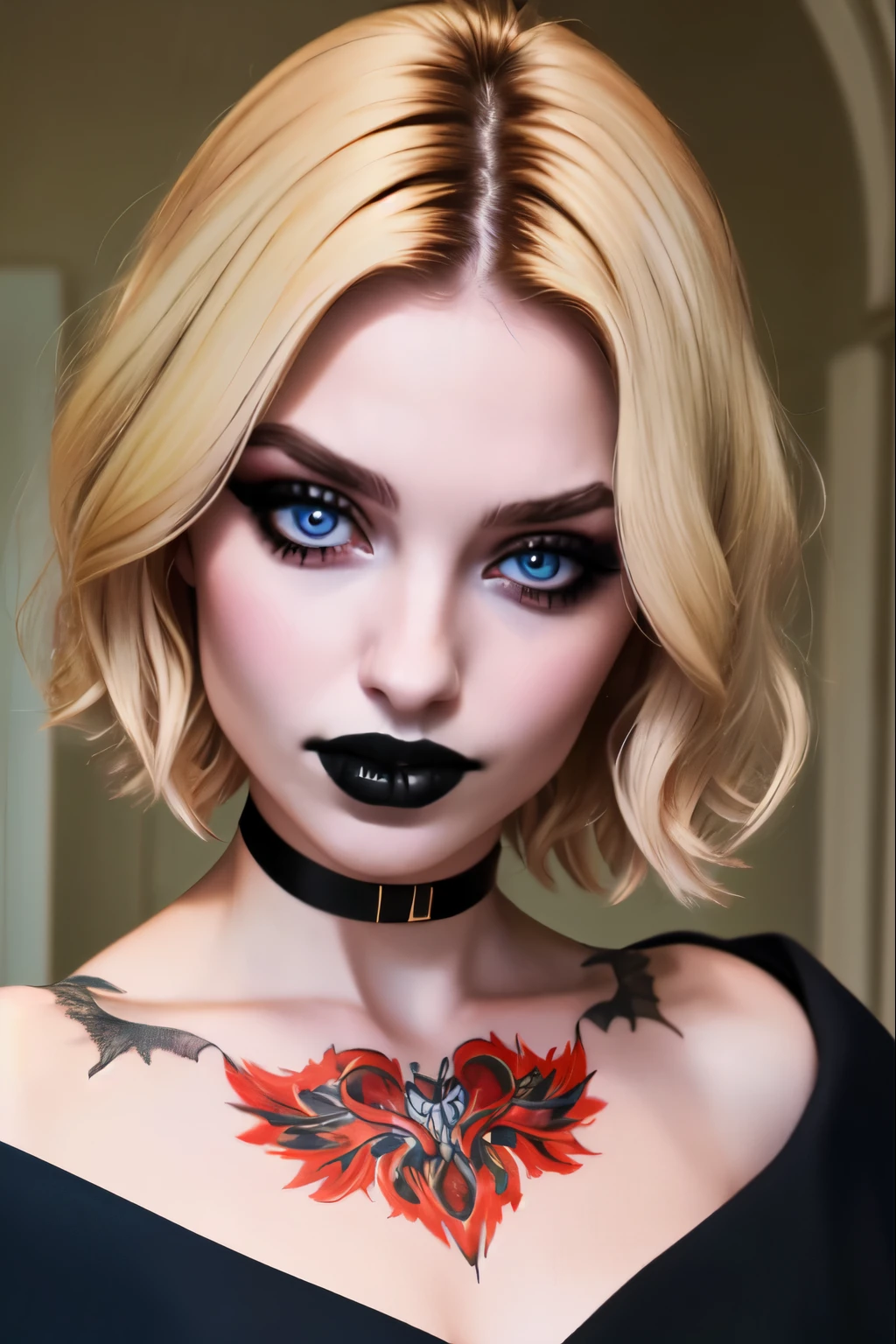 torso shot, (Best Quality, 8k, Masterpiece, UHD), (Photo of Attractive Caucasian Gothic model Woman with tattoos), solo 1Girl as short hair platinum blonde, heavy makeup , cape, choker,very pale skin,Ultra Detailed Face, Detailed Lips, Fine Eyes, black lipstick, Fine Eyes