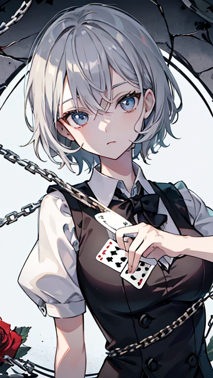 female　grey hair　caramel eyes　short hair　in the forest　white cutter shirt　Pose with movement　one person　Black vest　Decisive pose　doctor gown　masterpiece　Highest image quality　noise removal　clear parts 　cinematic shadow　Increased attractiveness of the eyes　clear parts the shine of the eyes　Draw eyelashes neatly　perfect eyes　detailed eyes　Sharpen image quality　Sharpen eye writing　clear parts eye shape, (((Playing Card Joker Poker Card) with rose motif at the center with a stylized ornament)),  chains, grasping the chain hard, holding a prefect apple in her hand