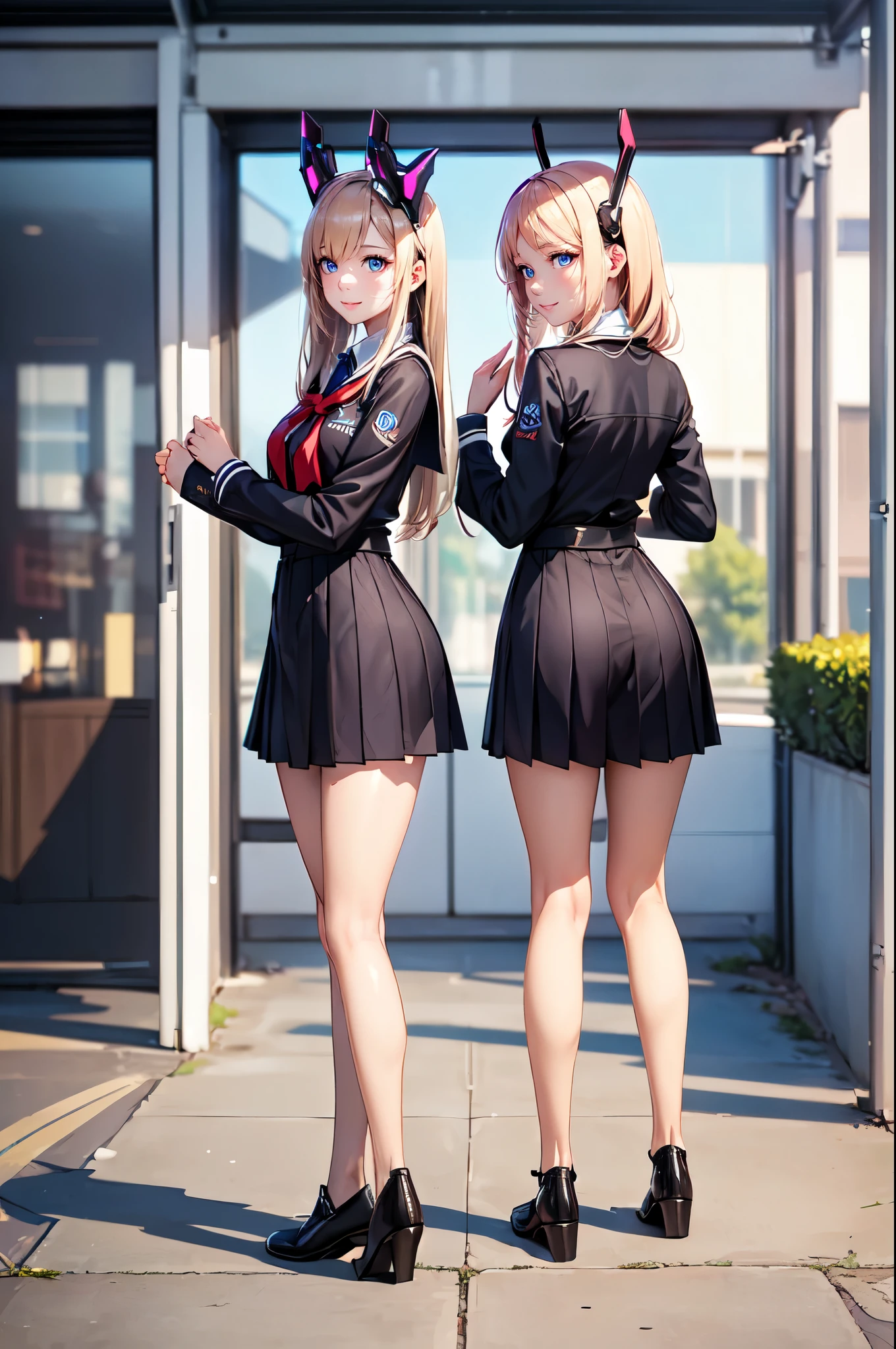 (High quality, High resolution, Fine details), shallow depth of field,
slim body, beautiful body, sparkling eyes, (Detailed eyes:1.2), (smile:1.3), (gynoid.1.0), (full body shot:1.2), school, many students, from behind,