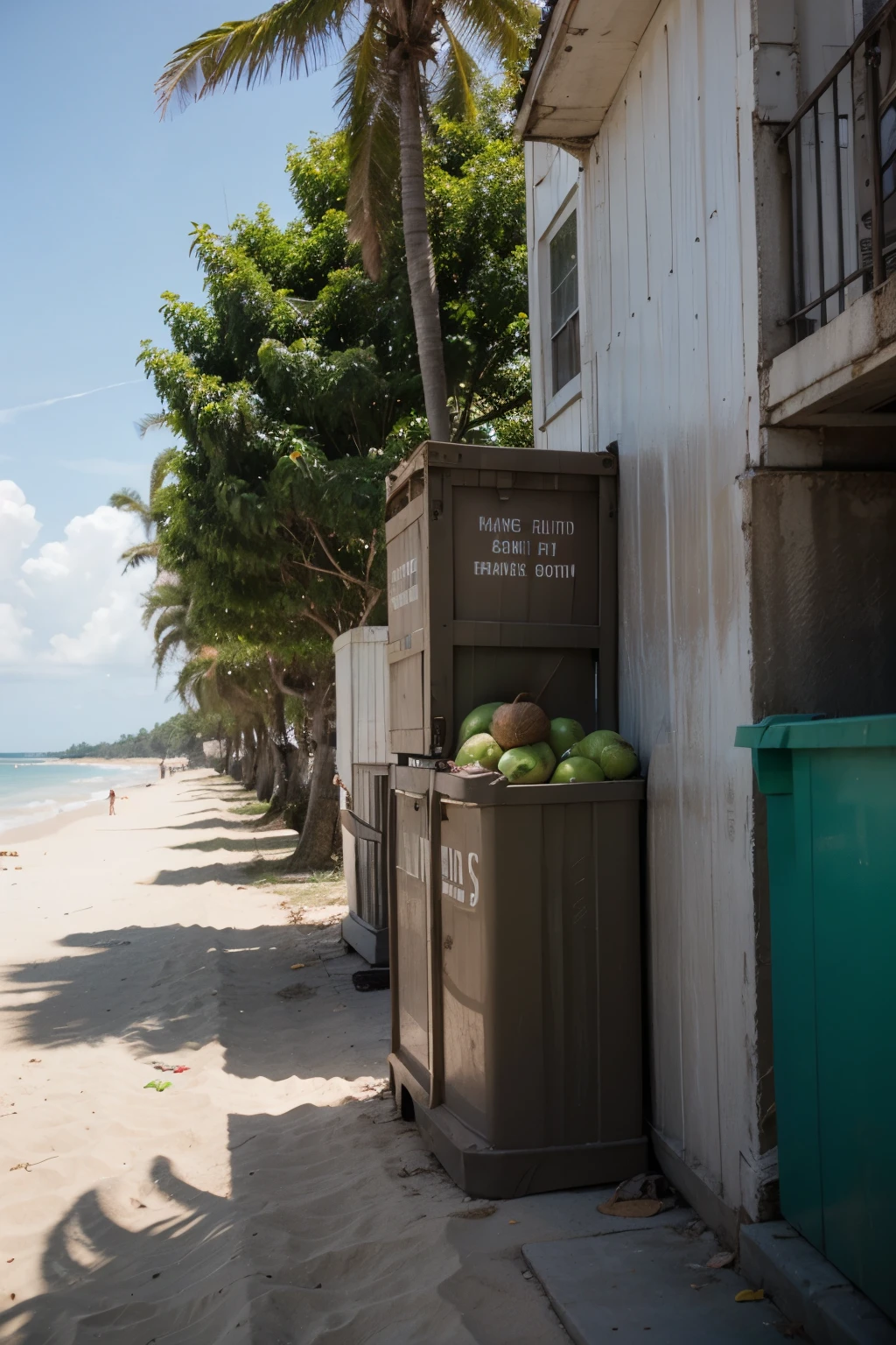 beach with dumpster full of green coconuts