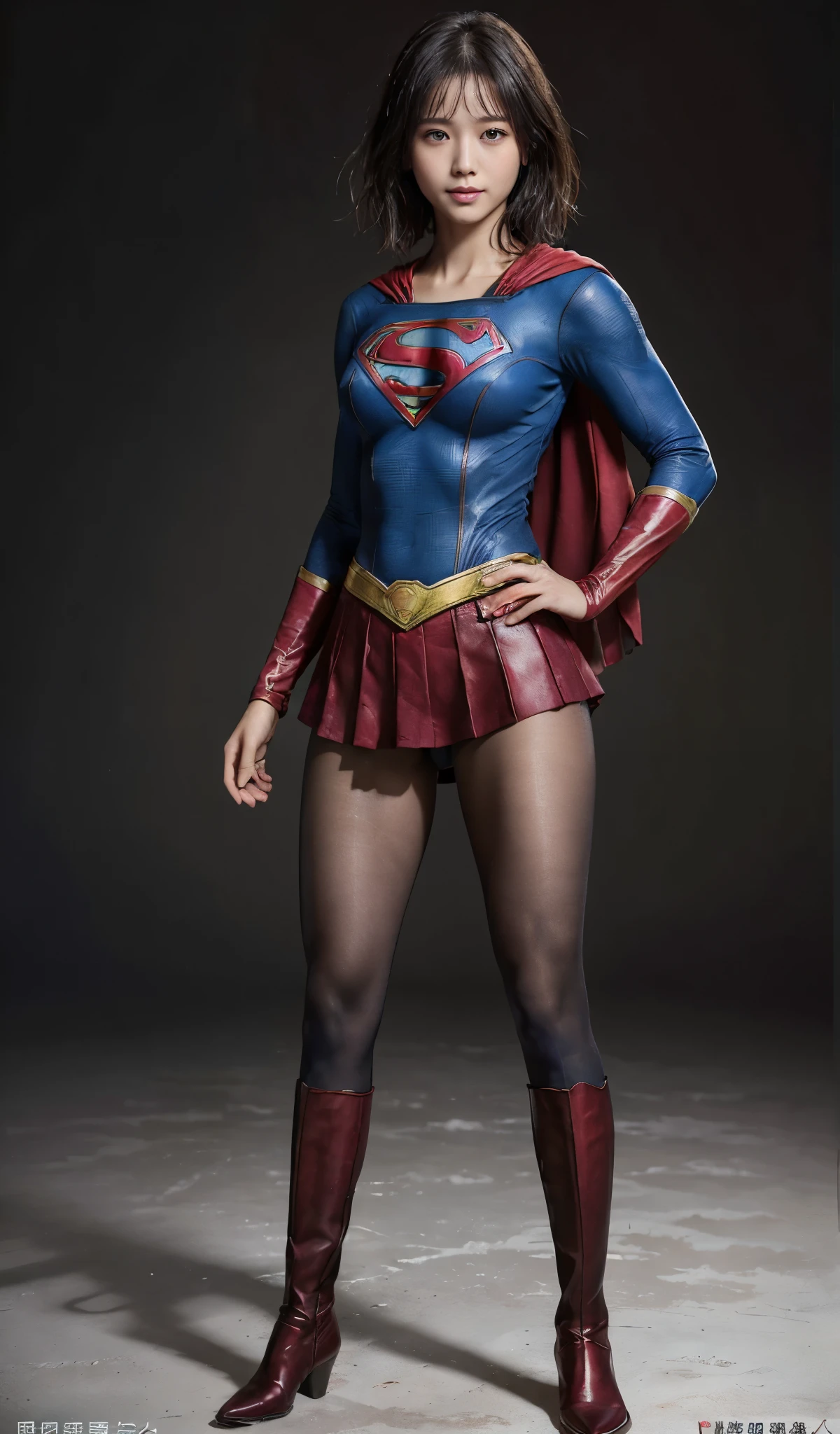 No background、(((Beautiful legs in black tights.)))、(((Legally express the beauty of your smile)))、((((Make the most of your original images)))、(((Supergirl Costume)))、(((Beautiful short bob hair)))、(((suffering)))、(((Please wear black tights....、Wear red boots)))、((Best image quality、8k))、((highest quality、8k、masterpiece:1.3))、(((Preserve background )))、Sharp focus:1.2、Beautiful woman with perfect figure:1.4、Slim Abs:1.2、Wet body:1.5、Highly detailed face and skin texture、8k