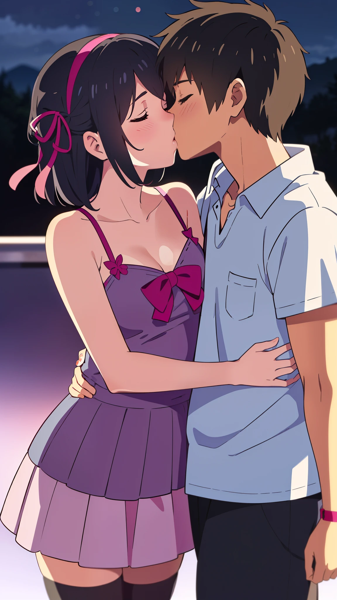 shinkai makoto, kimi no na wa., 1girl, 1boy, bangs, black hair, short hair, blush, (boy wear casual clothes, pants), ((girl wear idol clothes, collarbone, red headband, red ribbon, bow hair ornaments, pink dress, pink bikini, pink skirt, short skirt, Off-the-shoulders, black thighhighs)), cute, love, couple, adorable, dating, (((kiss, deep kiss))), closed eyes, passionate hug, upper body portrait, night background