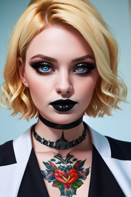 torso shot, (Best Quality, 8k, Masterpiece, UHD), (Photo of Attractive Caucasian Gothic model Woman with tattoos), solo 1Girl as short hair platinum blonde, heavy makeup ,  cape, choker,very pale skin,Ultra Detailed Face, Detailed Lips, Fine Eyes, black lipstick, Fine Eyes