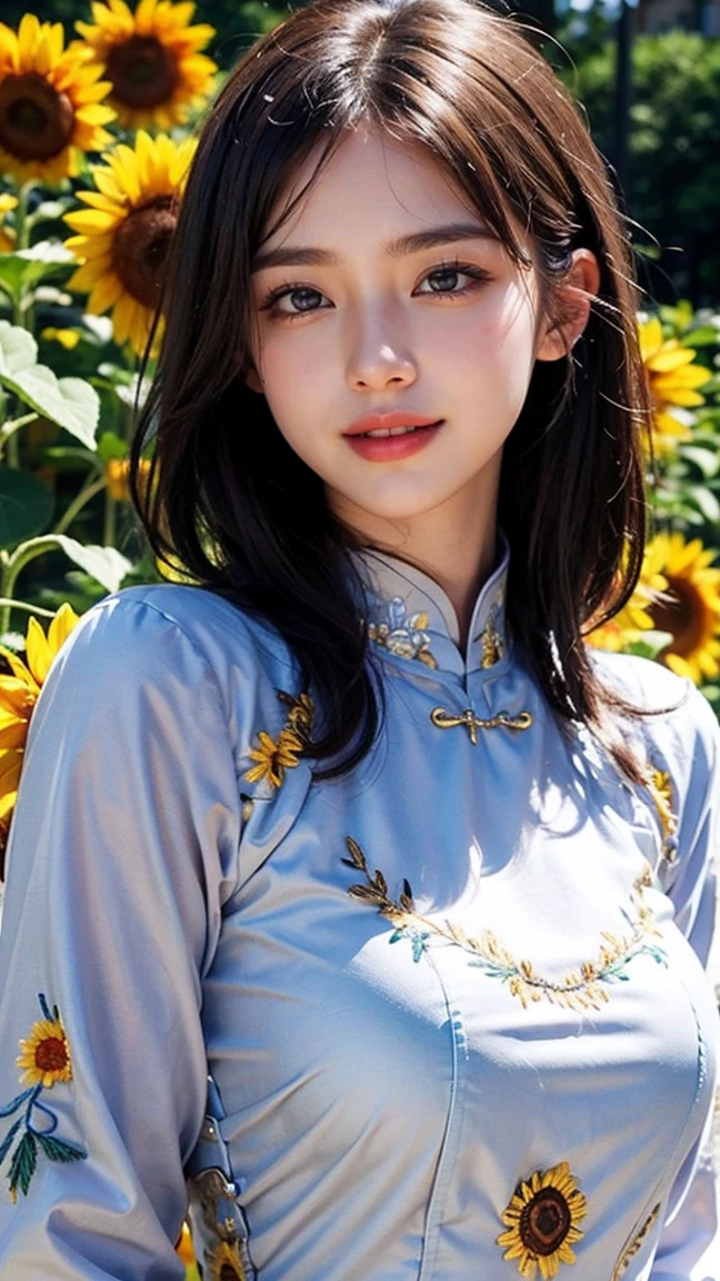 Top-quality Realistic,Official art,Highly detailed CG Unity 8k wallpaper,ultra-detailliert,hight resolution,Physically-based rendering,Magnificat,finely detail,masterpiece,Best Quality,ultra detailed,Mature beauty,Beautiful women,1girl,moist lips,sexy lips,Sexy smile,Gentle smile, 20 years old, Beautiful bare skin,Smooth bare skin, big well-shaped breasts, beautiful cleavage,beautiful Mature body,swept bangs,(Medium hair:1.3), beautiful detailed eyes,model shoot style,Japanese Idol,Half-body,((Sunflower blooming field)),BREAK, ((pure white gold embroidery Ao dai:1.3)),(vietnamese national costume),Standing model pose,Delicately expressed eyes,cute smile,shoot from front,A lot of Sunflower are blooming,walking Sunflower street, ((Extreme close-up)),