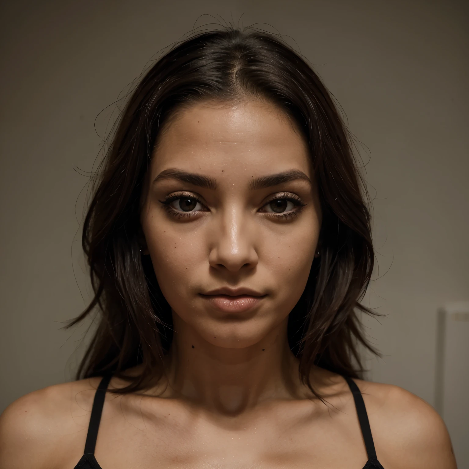 Mulher de cabelo comprido preto, rosto redondo, pele amarelada, olhos pretos grandes puxados, upper lip piercing in the corner