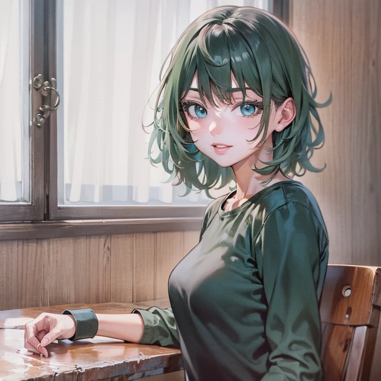 (((masterpiece))), (((best quality))), ((ultra-detailed)), (highly detailed CG illustration), ((an extremely delicate and beautiful)),((Near-black, deep muted dark green t-shirt:1.5)), ((Very dark green t-shirt:1.5)),((plain t-shirt:1.5)),(long sleeves:1.5),(Casual T-shirt),(From side:1.5), (The side of one arm is visible),(very loose T-shirt:1.2), (plain t-shirt), upper body,portrait of an anime girl, t-shirt,1girl, solo,dark gray hair, (short hair), (dark green eyes:1.3),(One elbow on the table:1.3), looking at viewer,smiling,bad-girl,mature female, anime girl with short hair, ((medium breasts:1.3)), cute natural anime face, detailed anime soft face, cute anime face, flat anime style shading, face anime portrait, made with anime painter studio, semirealistic anime style, perfect anime face, extremely cute anime girl face, high detailed face anime, pretty anime face, semi realistic anime, detailed anime face