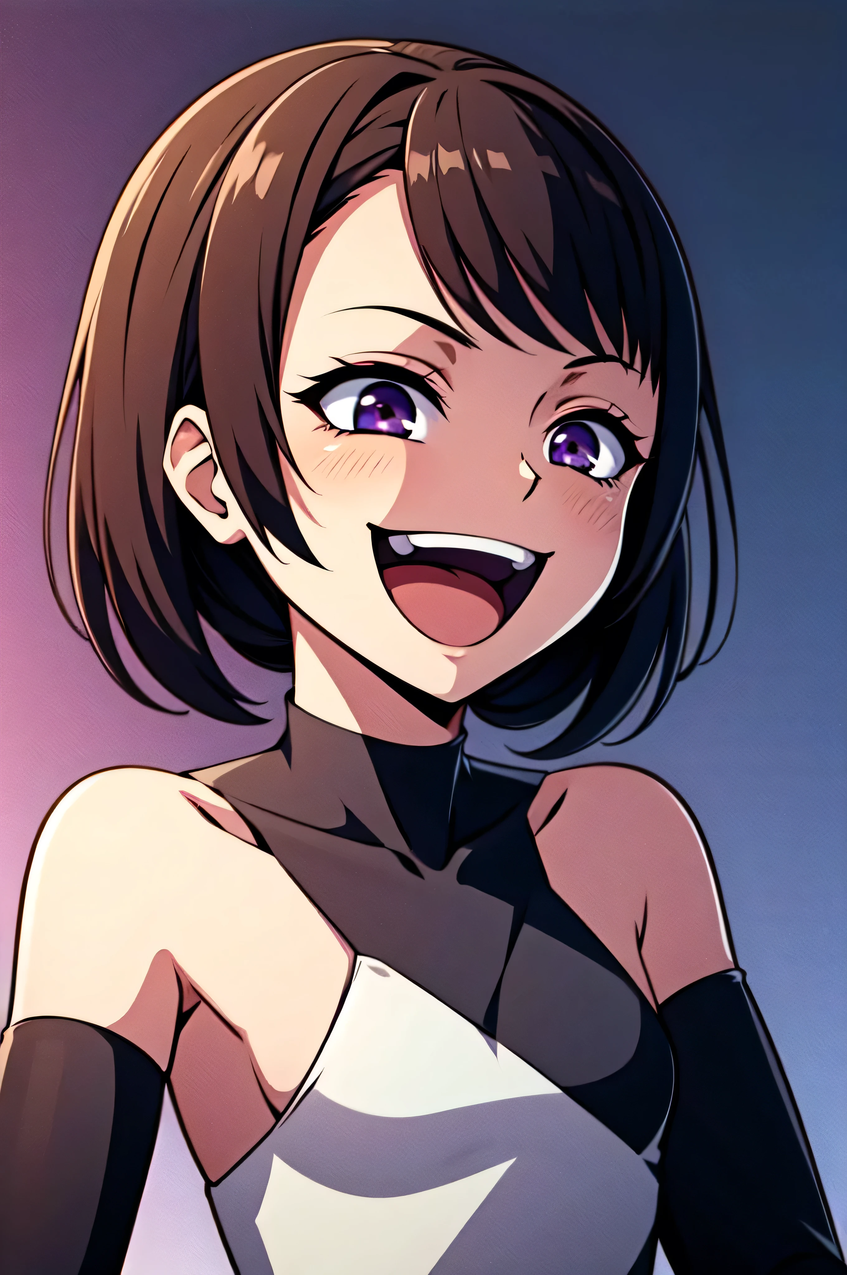 Best picture quality, 4K, 8K, High resolution, Masterpiece: 1.2), ultra detailed,,black and dark aura background,masterpiece, highest quality,best quakity, High resolution,,twintail,flat chest,sheded face,latex,elbow gloves,evil smile,sadistic,evil laugh at,small girl,,Shiny skin,black and purple background,face only,