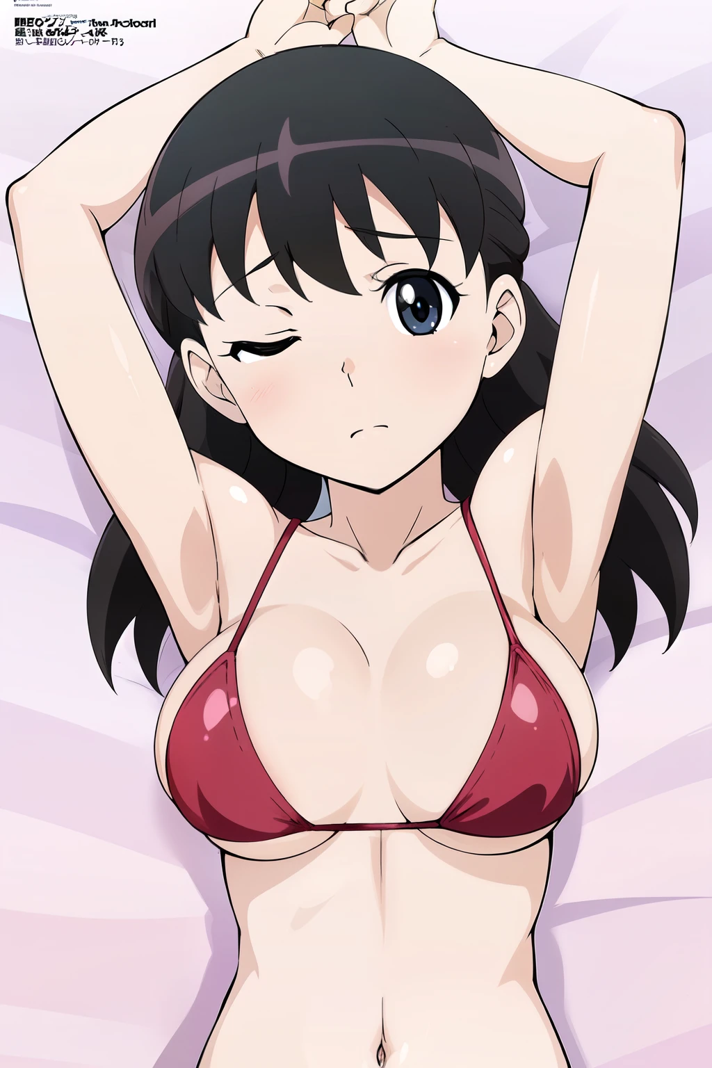 (anime cels style, masterpiece, best quality, high resolution, megami magazine, anime poster style, sharp, 8k), (beautiful eyes:1.2), shizuka minamoto, 1girl, black hair, black eyes, closed mouth, blush, (large breast), (on back, sleepy), upper body, red bikini, bed, (breast squeeze), (perfect detailed anatomy, beautiful face, perfect body, perfect arms, shiny skin),