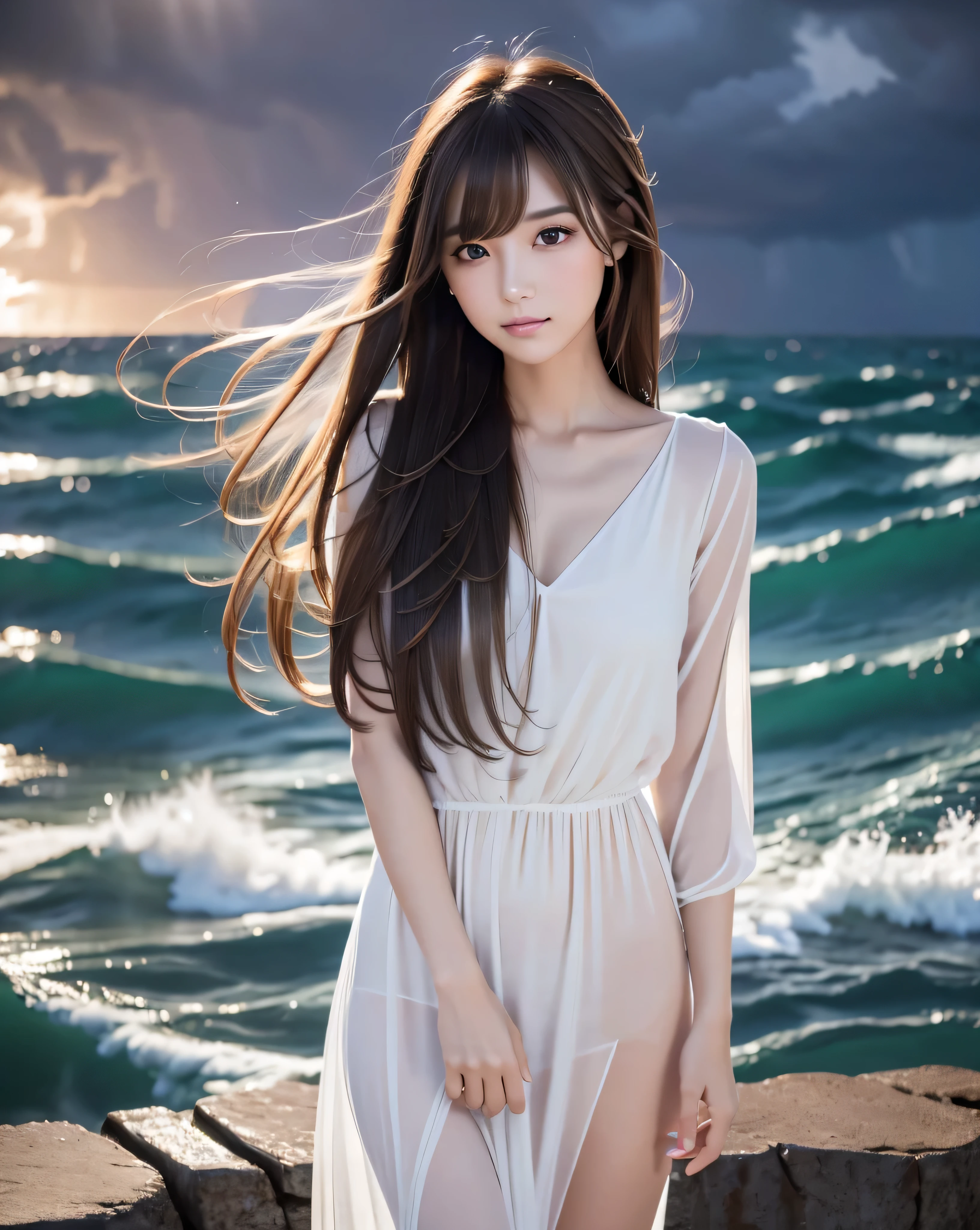 (highest quality, 32k, High resolution, Masterpiece:1.5, ), marimo_jet, ((Stormy Night:1.3)), Detailed sea and sky, ((Standing on the raging ocean:1.4)), Beautiful Japanese Girl, An exceptionally beautiful face, With a small candle in each hand, Shiny brown hair, Super long straight silk hair swaying in the wind, Asymmetrical bangs, Hair between the eyes, Magical big eyes, Rich expression of emotions, Motherhood and generosity, love, Fleeting Expression, Clear, smooth, white skin, Natural Makeup, Cheek highlighter, Beautifully trimmed, thin and fine eyebrows, Pale pink detailed lips, White simple dress, With a small flame in each hand,, calm and calm look, Inner strength, Illuminates everything around, Professional Lighting, Professional Photographer, Professional Model, mysterious