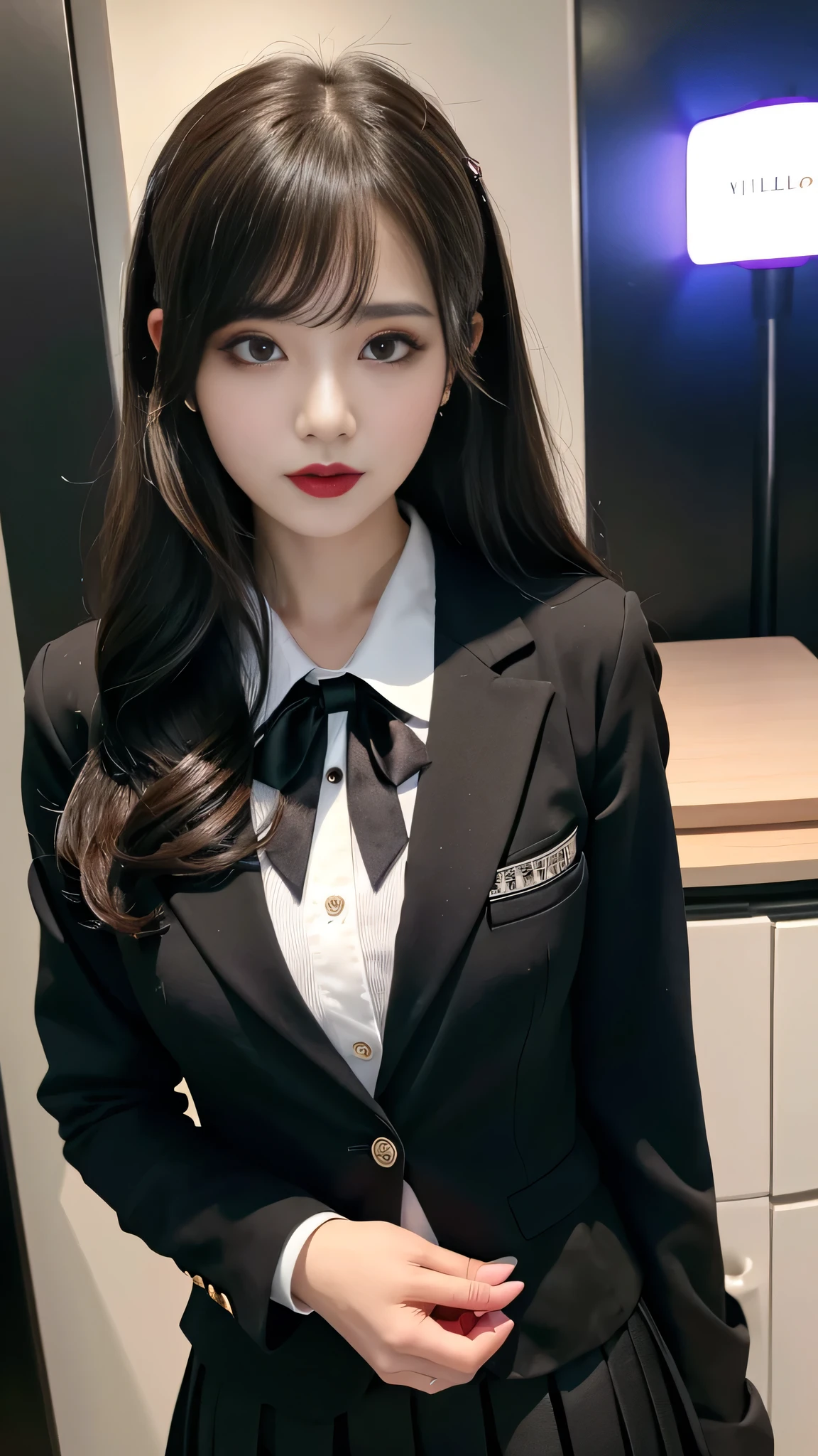 best quality、ultra-detailed、4k、Japanese、Seductive beauty、seductive adult woman、Pretty Woman、cool girl、Villainess、Brainwashed、brainwash、Fallen into evil、smirk、Evil look、Wicked Smile、evil、Brown hair、wavy hair、swept bangs、dark makeup、dark makeup、piercing eyes、hollow eyes,half-closed eyes、Hollow Eyes、purple Eyeshadow、black lipstick、black lipglos、student、uniform、Black blazer、White Shirt、Black Ribbon、flare skirt、night、inside darkroom、Have lipstick、Emblem of Evil、Crest of Darkness、Swear allegiance、I have pledged my allegiance、Dye black、Blackening、Stained with evil、Dyed in darkness、Seduce