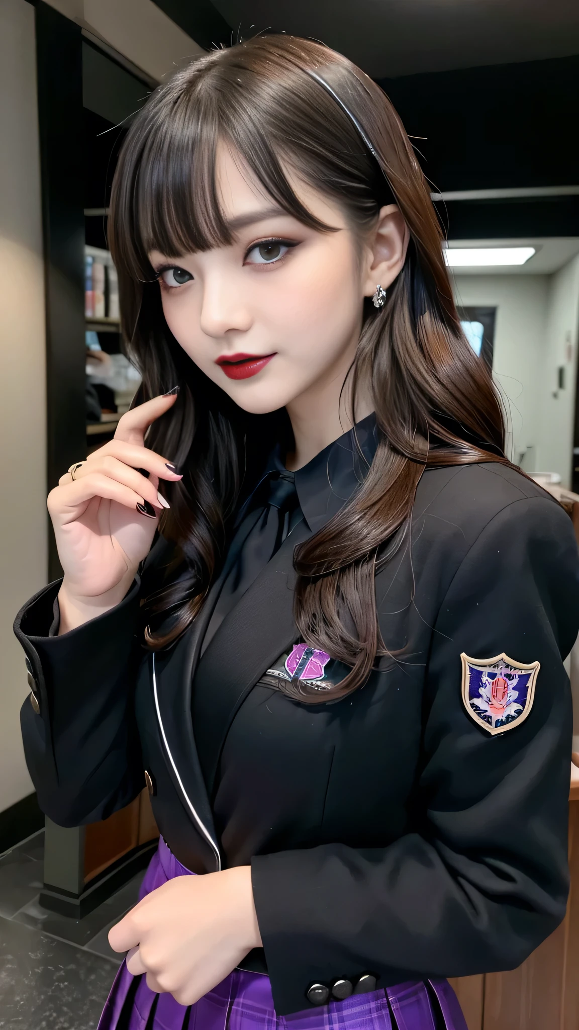 best quality、ultra-detailed、4k、Japanese、Seductive beauty、seductive adult woman、Pretty Woman、cool girl、Villainess、Brainwashed、brainwash、Fallen into evil、smirk、Evil look、Wicked Smile、evil、Brown hair、wavy hair、swept bangs、dark makeup、dark makeup、piercing eyes、hollow eyes,half-closed eyes、Hollow Eyes、purple Eyeshadow、black lipstick、black lipglos、student、uniform、Black blazer、White Shirt、Black Ribbon、flare skirt、night、inside darkroom、Have lipstick、Emblem of Evil、Crest of Darkness、Swear allegiance、I have pledged my allegiance、Dye black、Blackening、Stained with evil、Dyed in darkness、Seduce