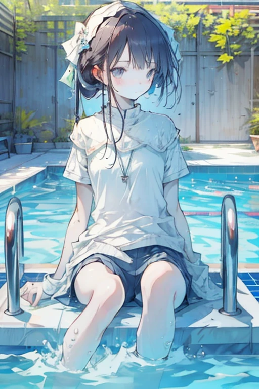 1girl, resort, swimming pool, relaxation