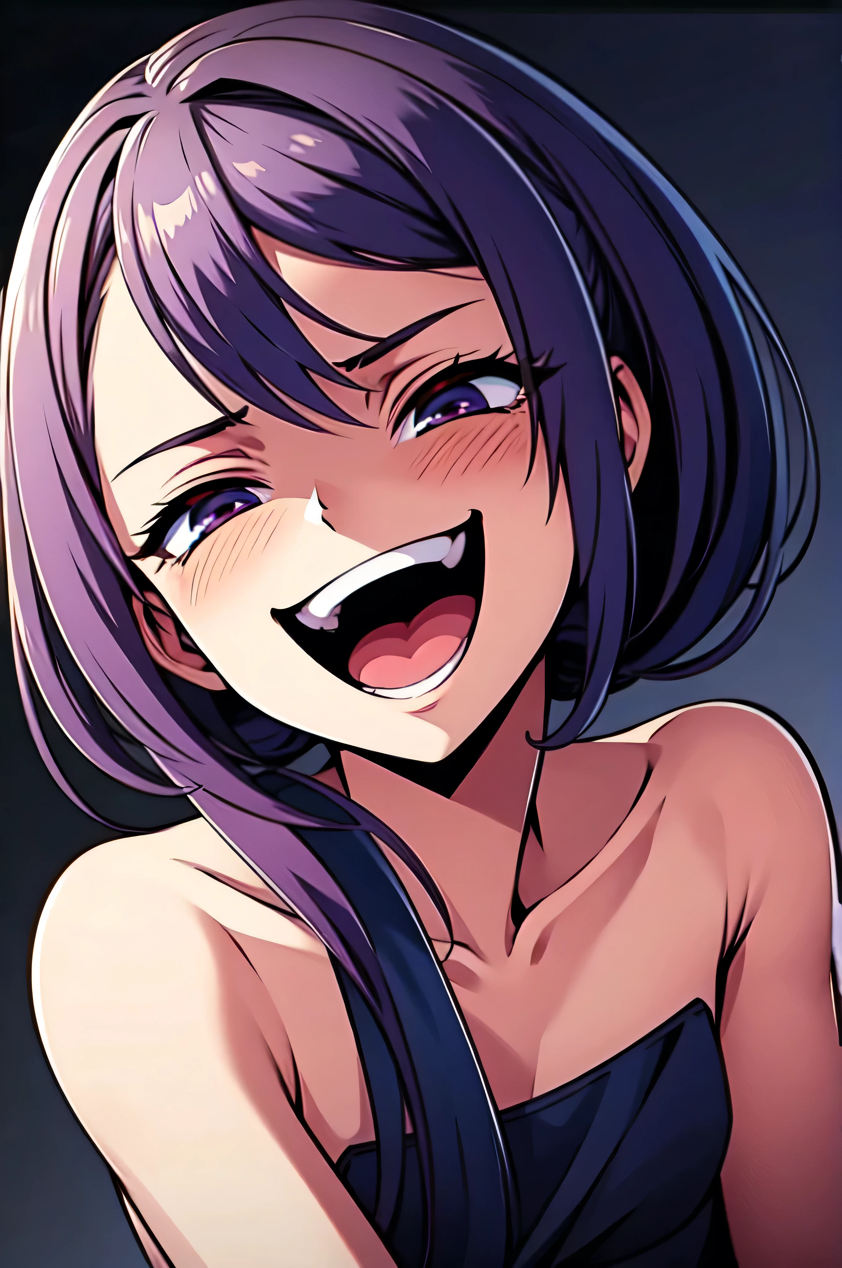 Best picture quality, 4K, 8K, High resolution, Masterpiece: 1.2), ultra detailed,,black and dark aura background,masterpiece, highest quality,best quakity, High resolution,,twintail,flat chest,sheded face,latex,elbow gloves,evil smile,sadistic,evil laugh at,small girl,,Shiny skin,black and purple background,face only,