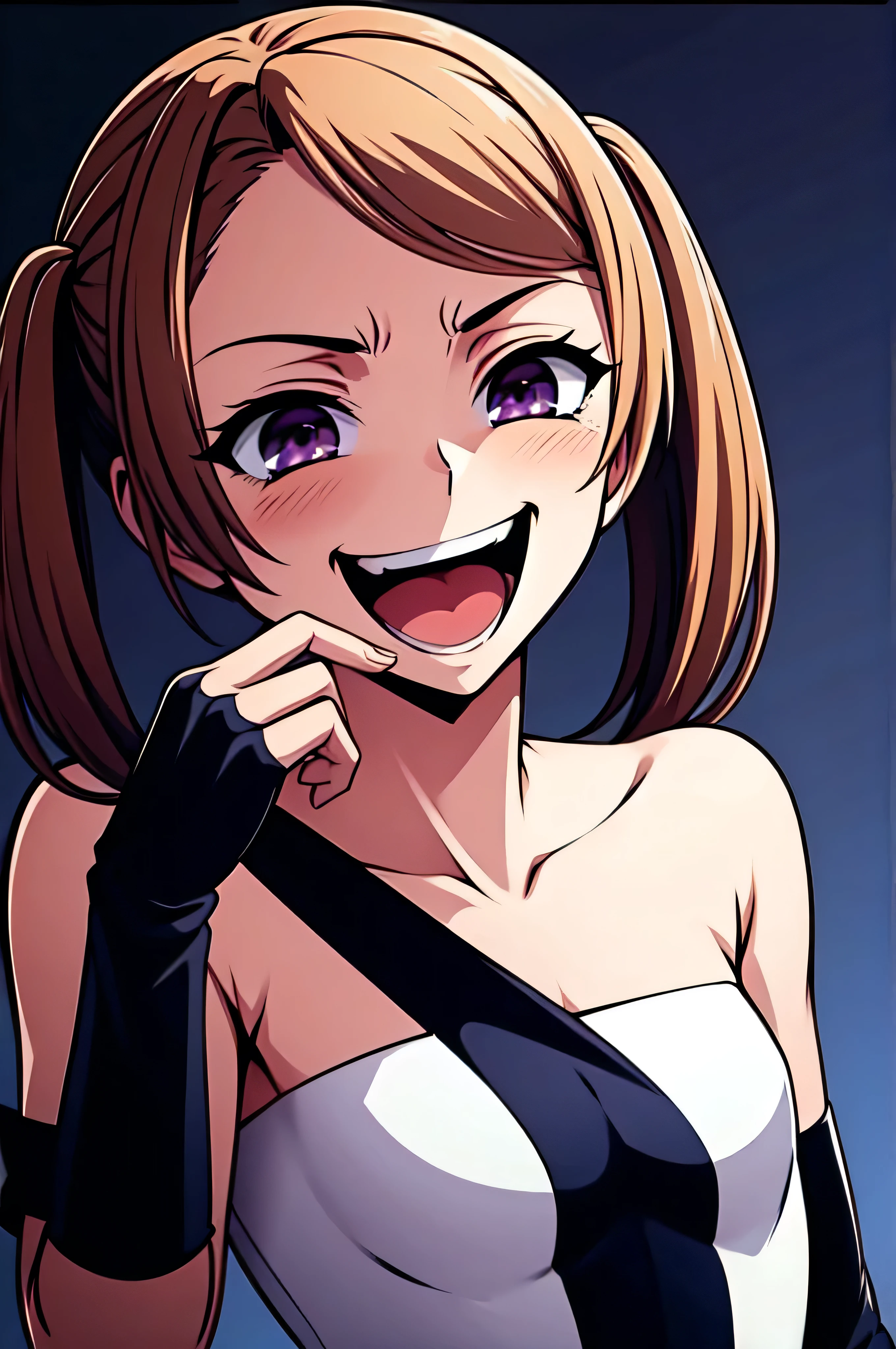 Best picture quality, 4K, 8K, High resolution, Masterpiece: 1.2), ultra detailed,,black and dark aura background,masterpiece, highest quality,best quakity, High resolution,,twintail,flat chest,sheded face,latex,elbow gloves,evil smile,sadistic,evil laugh at,small girl,,Shiny skin,black and purple background,face only,