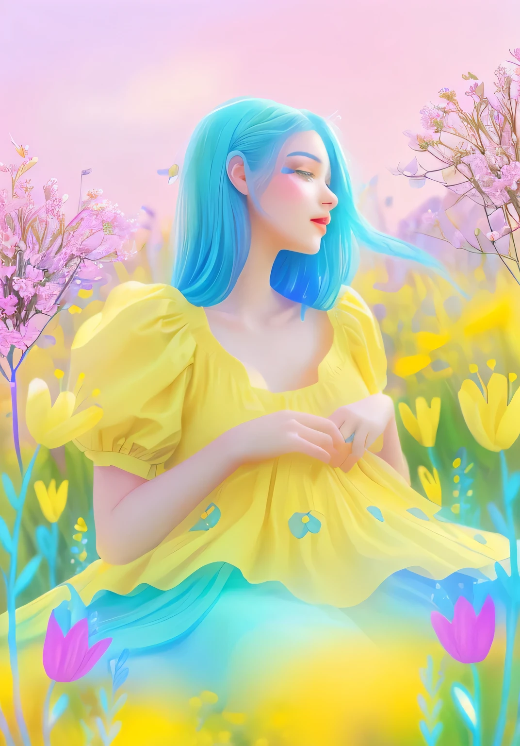 a woman with blue hair and yellow shirt sitting in a field of flowers, girl in a bed of flowers, woman in flowers, colorful illustration, dreamy illustration, colorfull illustration, girl floating in a flower field, illustration style, editorial illustration colorful, procreate illustration, girl in flowers, girl sitting in a flower field, 2 d illustration, 2d illustration