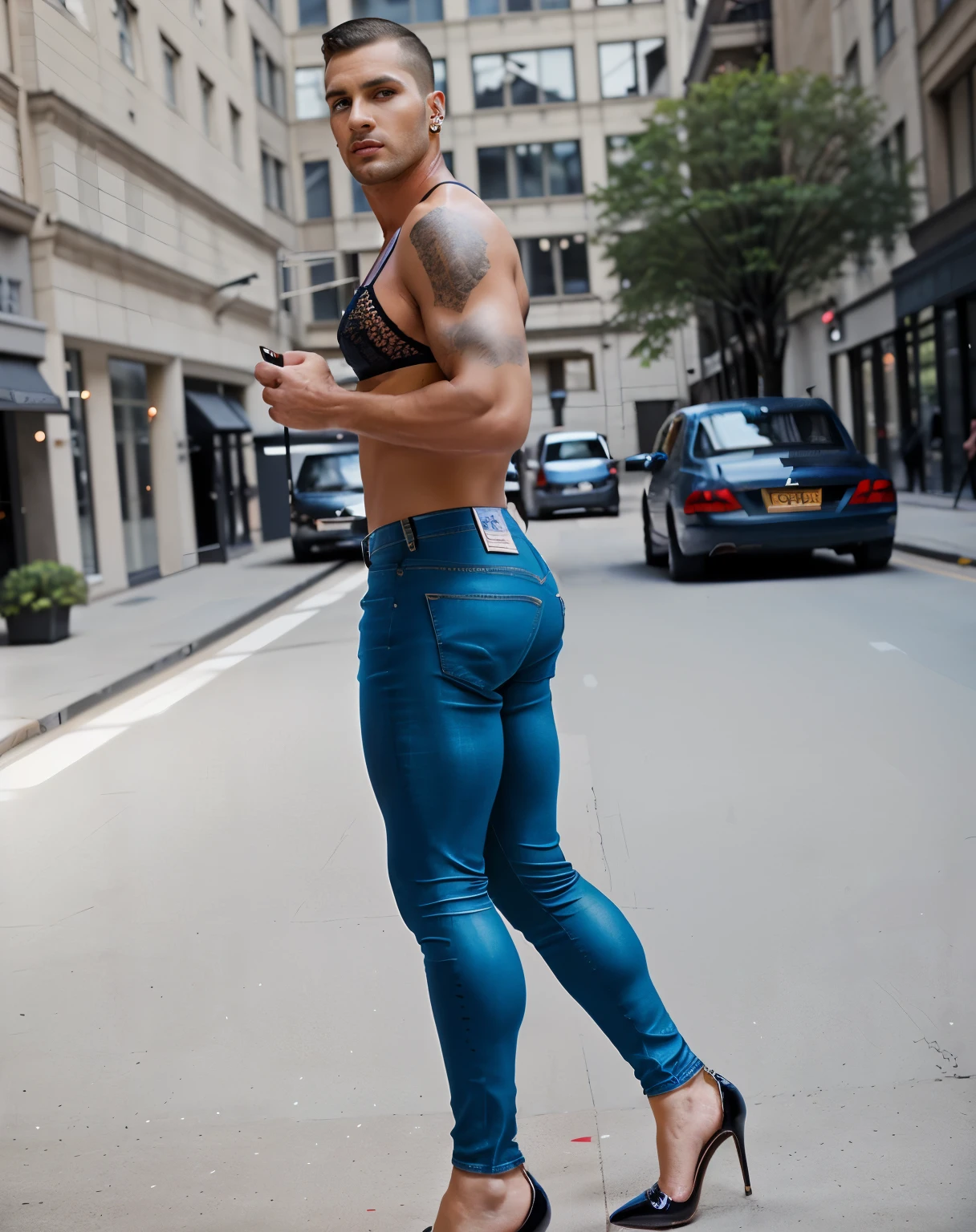An Athletic hunk man with very short hair, vintage lingerie, glossy stockings, bra, very high stiletto heels with pointy toes, earrings, bra ,nylons and makeup, tight jeans