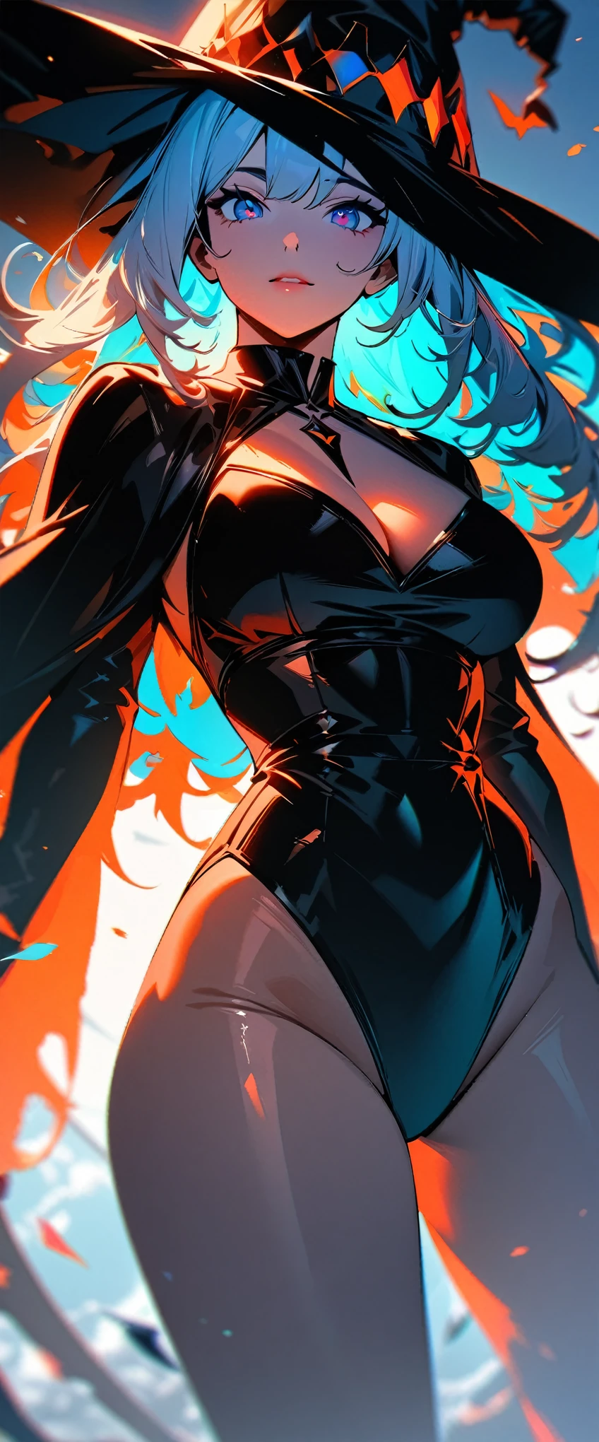 (highest quality:1.2, Very detailed, Latest, Vibrant, Ultra-high resolution, High Contrast, masterpiece:1.2, highest quality, Best aesthetics), (((1 girl))), Sexy witch, Mature woman's body, Seductive body lines, Narrow waist, Witch Robe, Witch Hat, An elegant robe with a red and black design., Skirt with slit, A dress with fine lace, gem, detailed ornaments, Purple Tent, Decorated purple flowers, Dark color palette, Insufficient lighting, Witch-made potion, Magic circle and tapestry hanging on the wall,