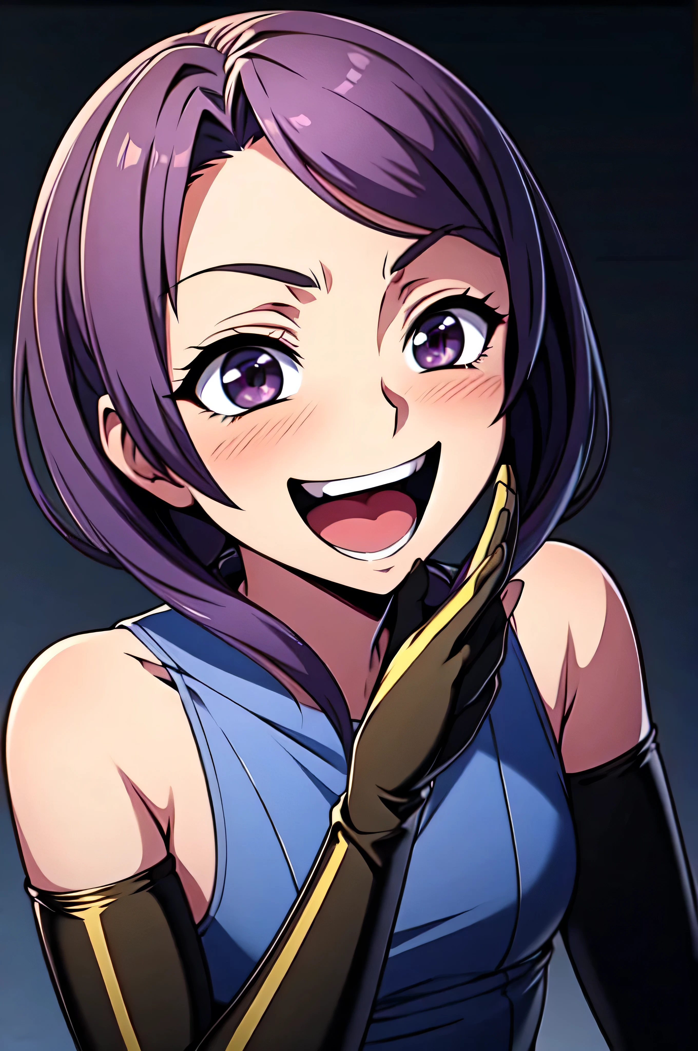 Best picture quality, 4K, 8K, High resolution, Masterpiece: 1.2), ultra detailed,,black and dark aura background,masterpiece, highest quality,best quakity, High resolution,,twintail,flat chest,sheded face,latex,elbow gloves,evil smile,sadistic,evil laugh at,small girl,,Shiny skin,black and purple background,face only,