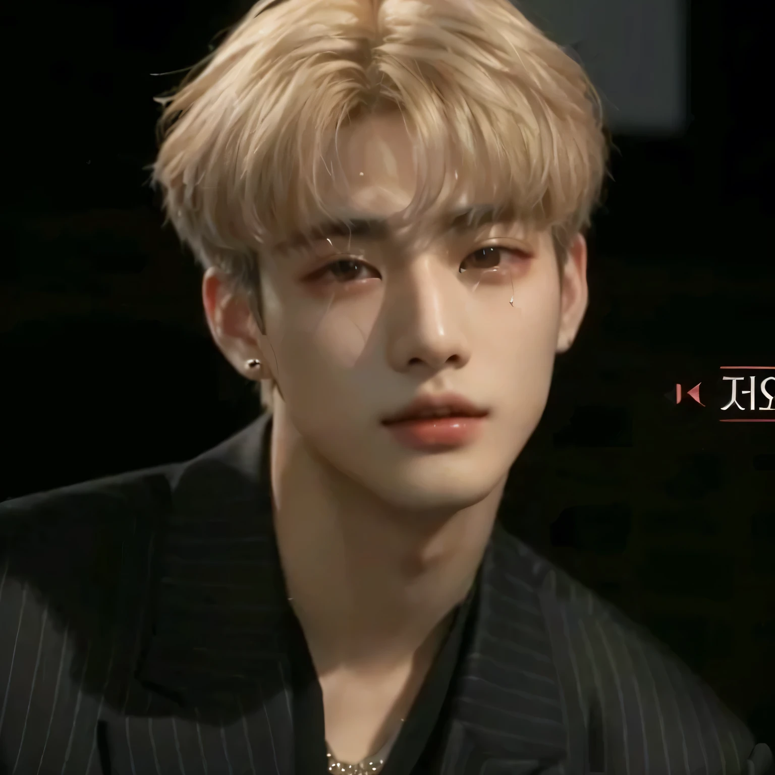 a close up of a person wearing a suit and a necklace, cai xukun, jinyoung shin, giga chad crying, yanjun chengt, jinyoung shin aesthetic, jungkook, hyung tae, inspired by Bian Shoumin, with same hairstyle, jia, wry smirk, he has an elongated head shape, extremely handsome, jimin lips, kim taehyung